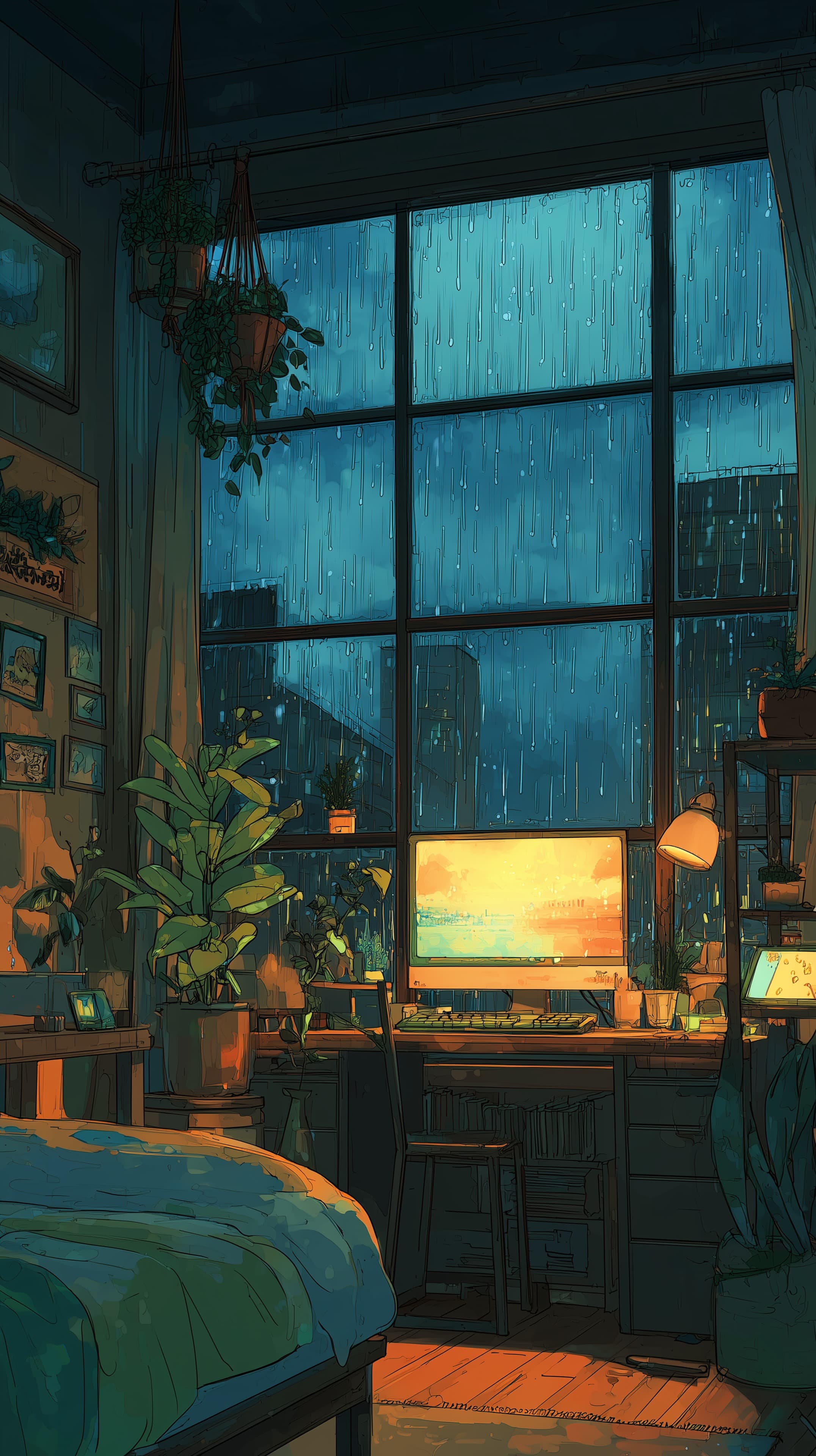 Cozy Rainy Night Workspace in a Plant-filled Studio Apartment - High Resolution computer-desk-setup Wallpaper for Mobile and Desktop
