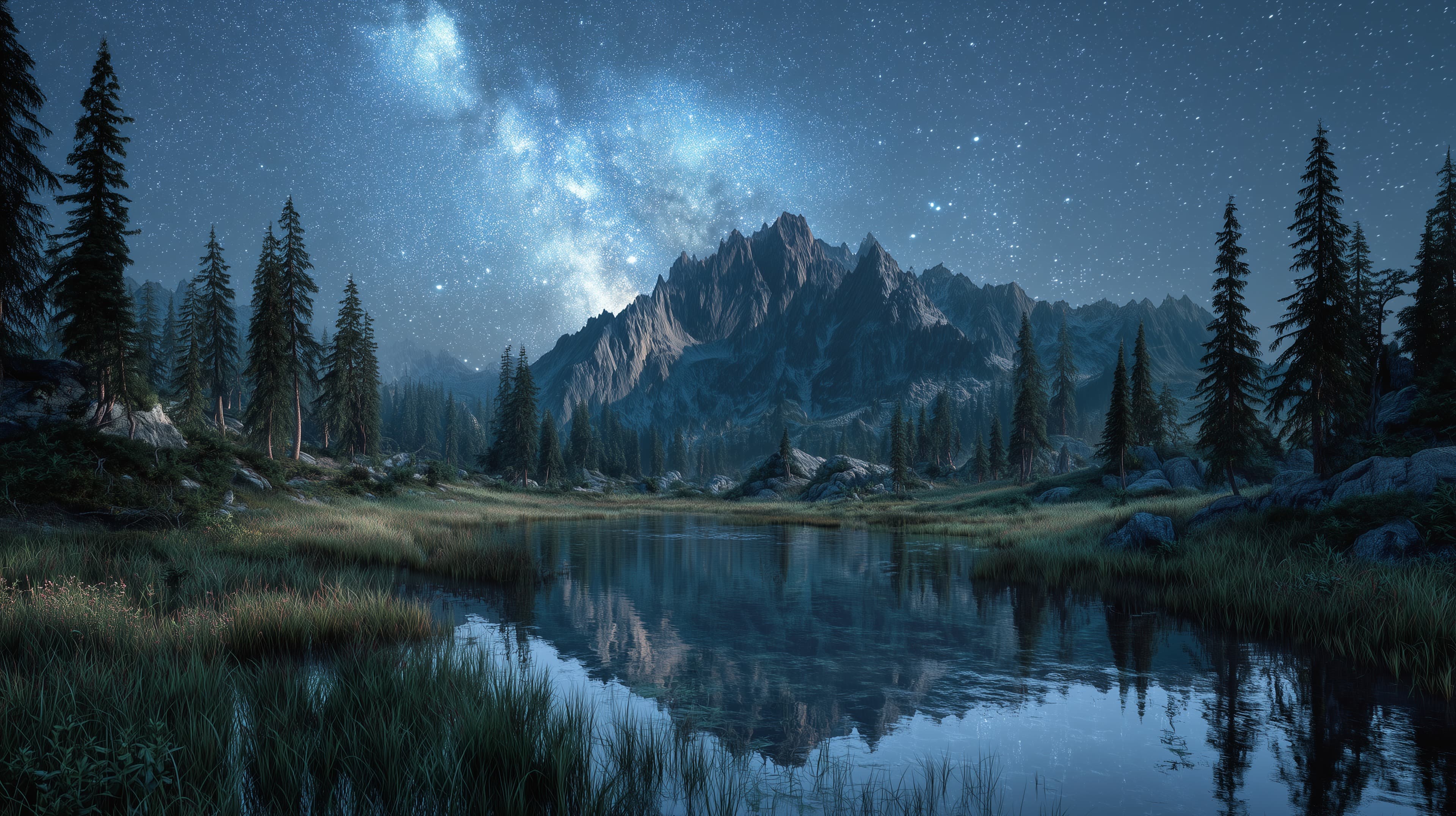 Starry Night Mountain Lake Landscape Wallpaper - Serene View - High Resolution astral-night Wallpaper for Mobile and Desktop