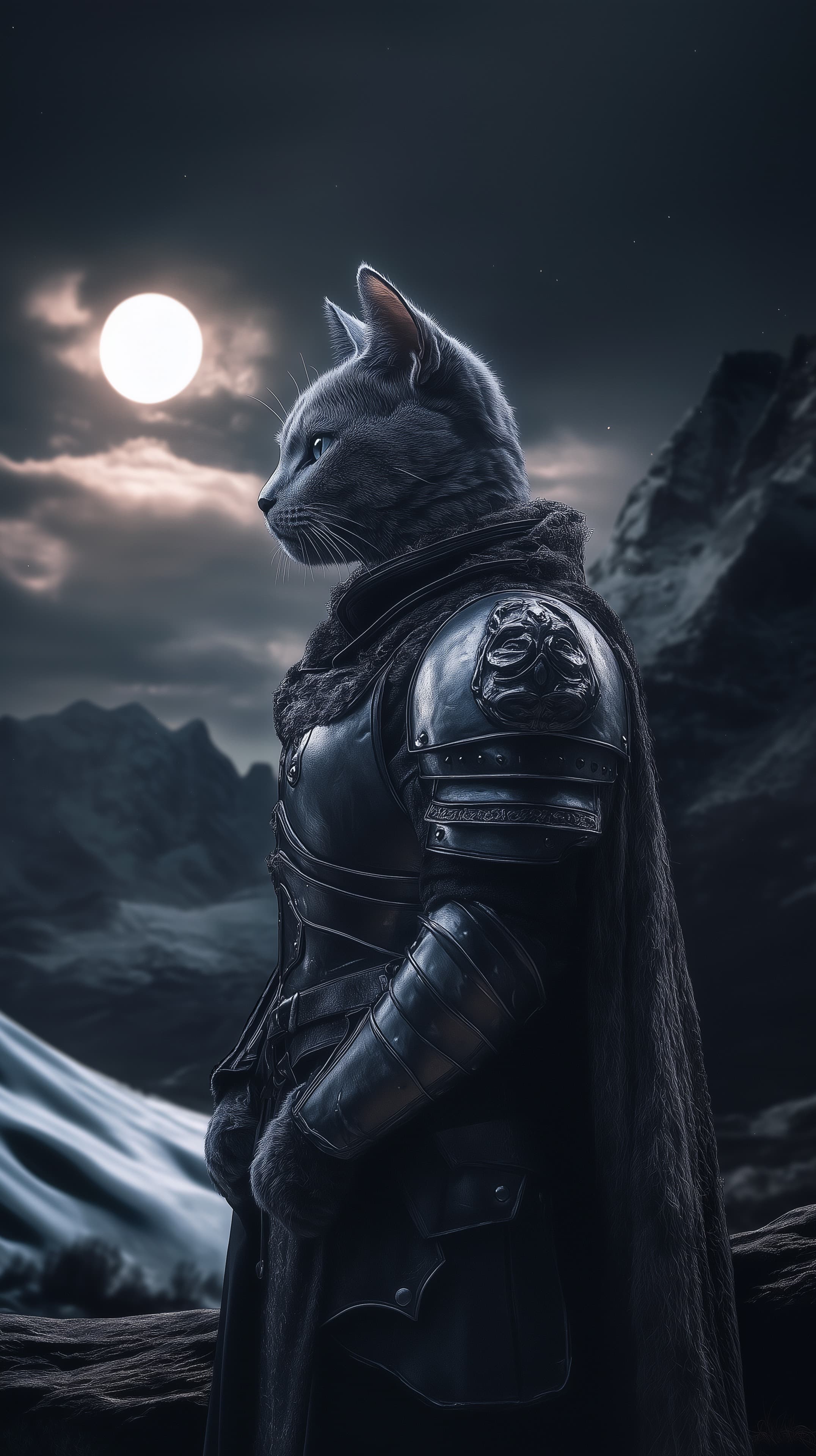 Moonlit Cat Warrior in Dark Armor on Snowy Ridge at Night - High Resolution armor Wallpaper for Mobile and Desktop