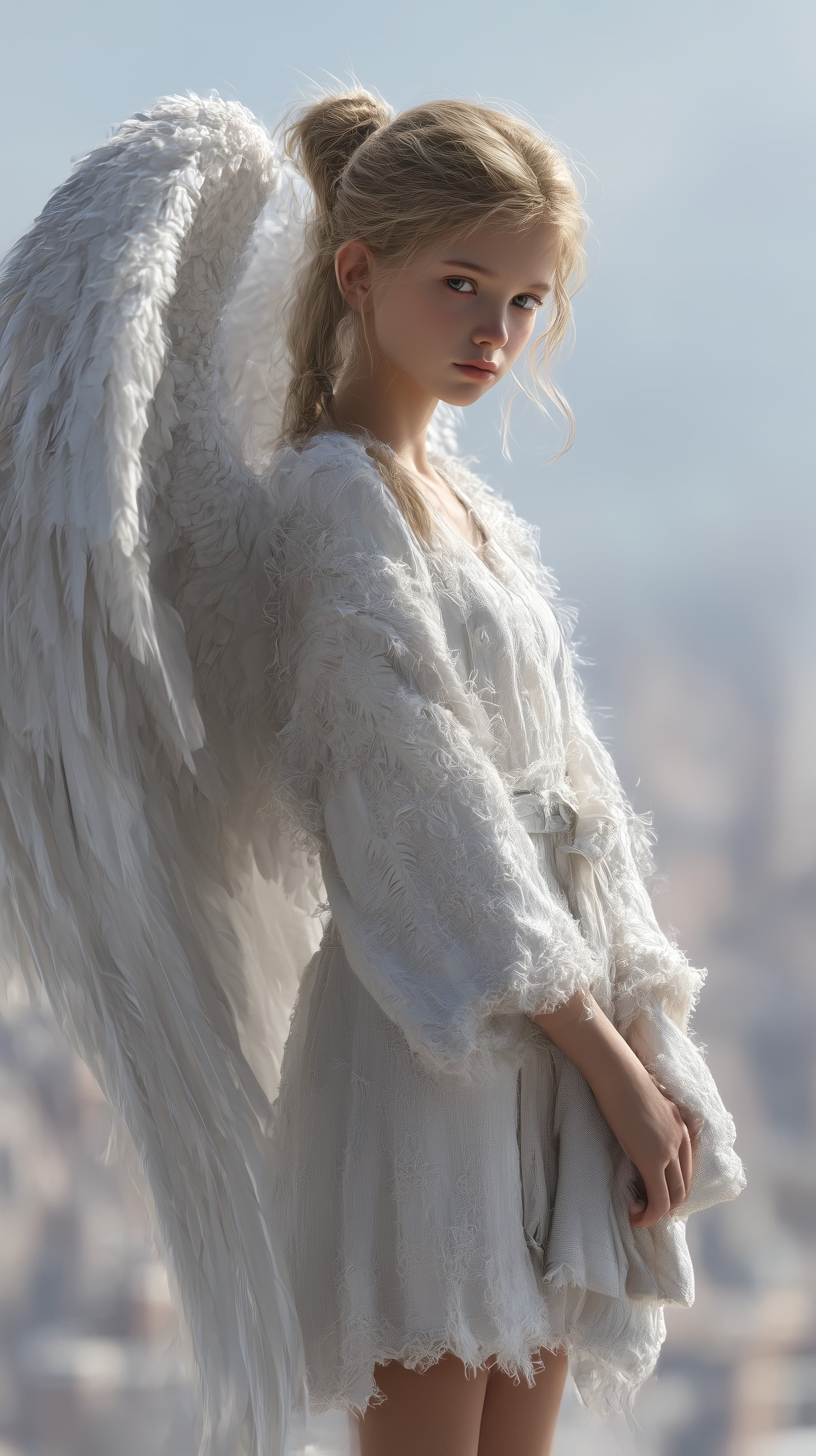 Serene Angelic Figure with White Lace Wings Wallpaper - High Resolution angel-wings Wallpaper for Mobile and Desktop
