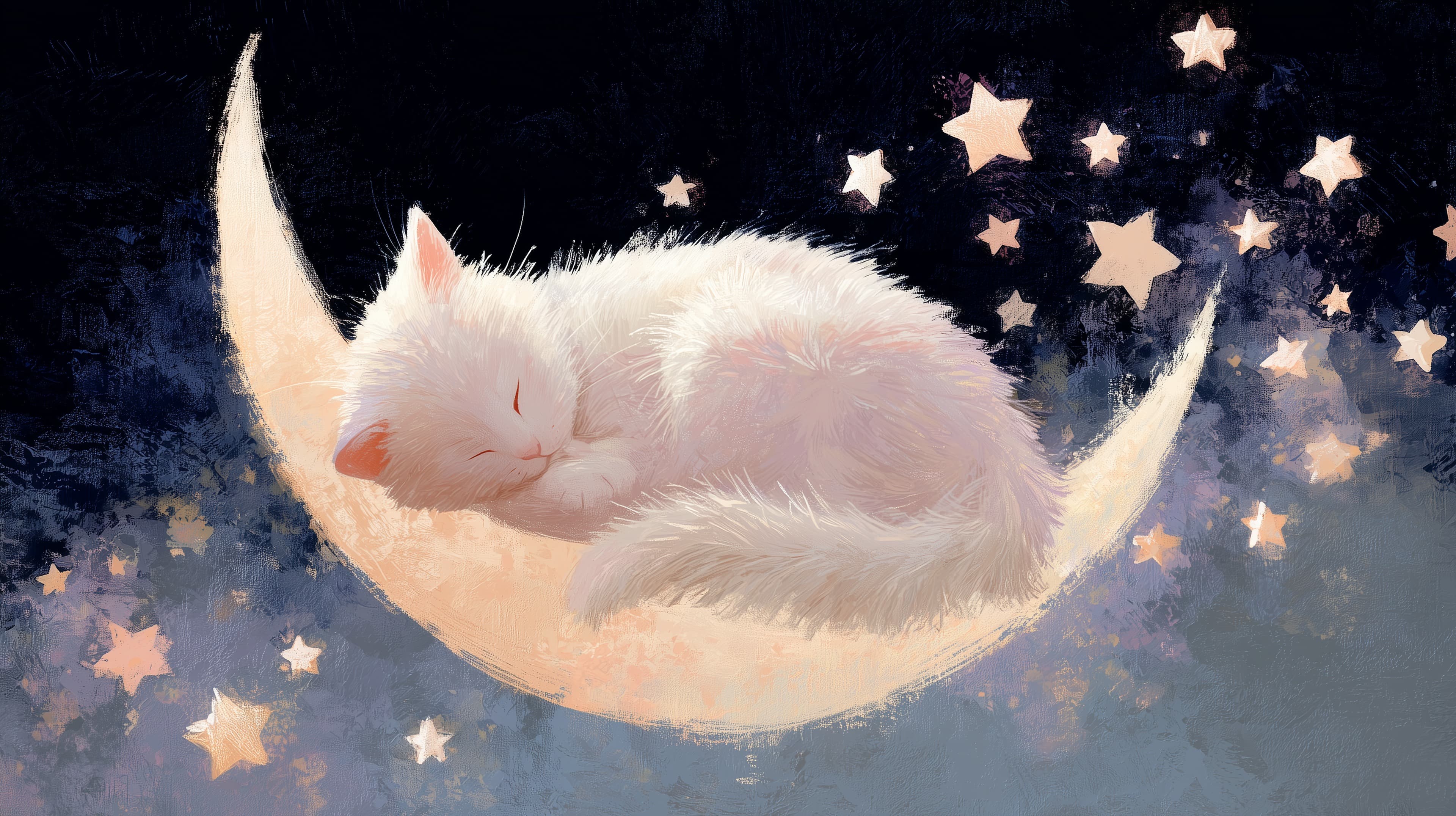 Dreamy Moonlit Cat Sleeping on a Crescent Moon - Night Sky - High Resolution cat Wallpaper for Mobile and Desktop