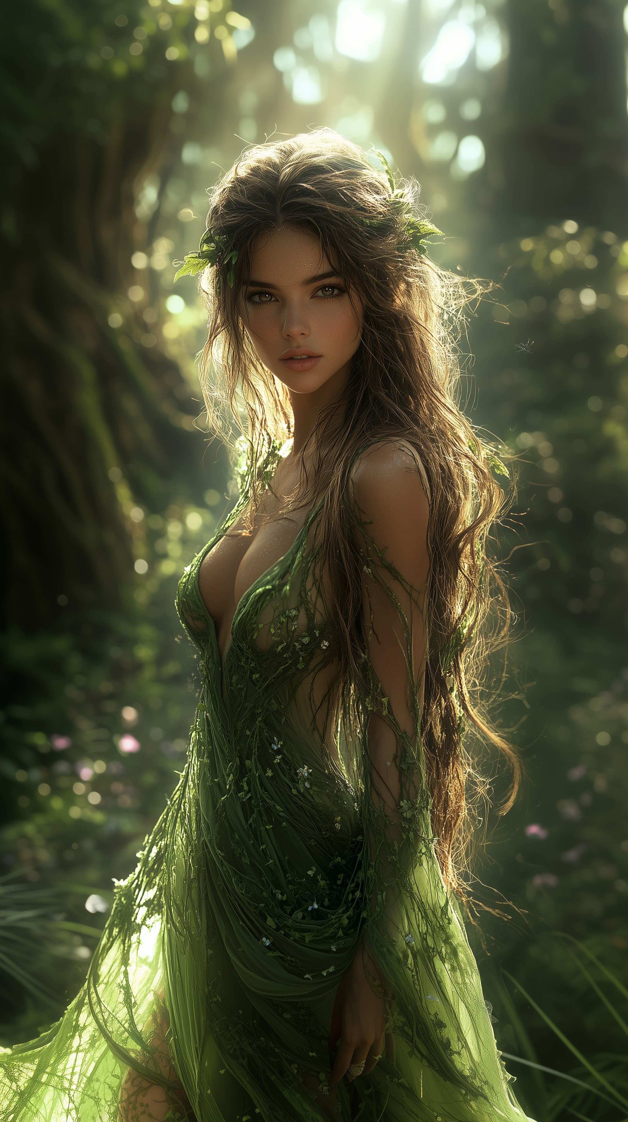 Enchanted Forest Nymph in Verdant Vine Dress at Dawn - High Resolution backlight Wallpaper for Mobile and Desktop