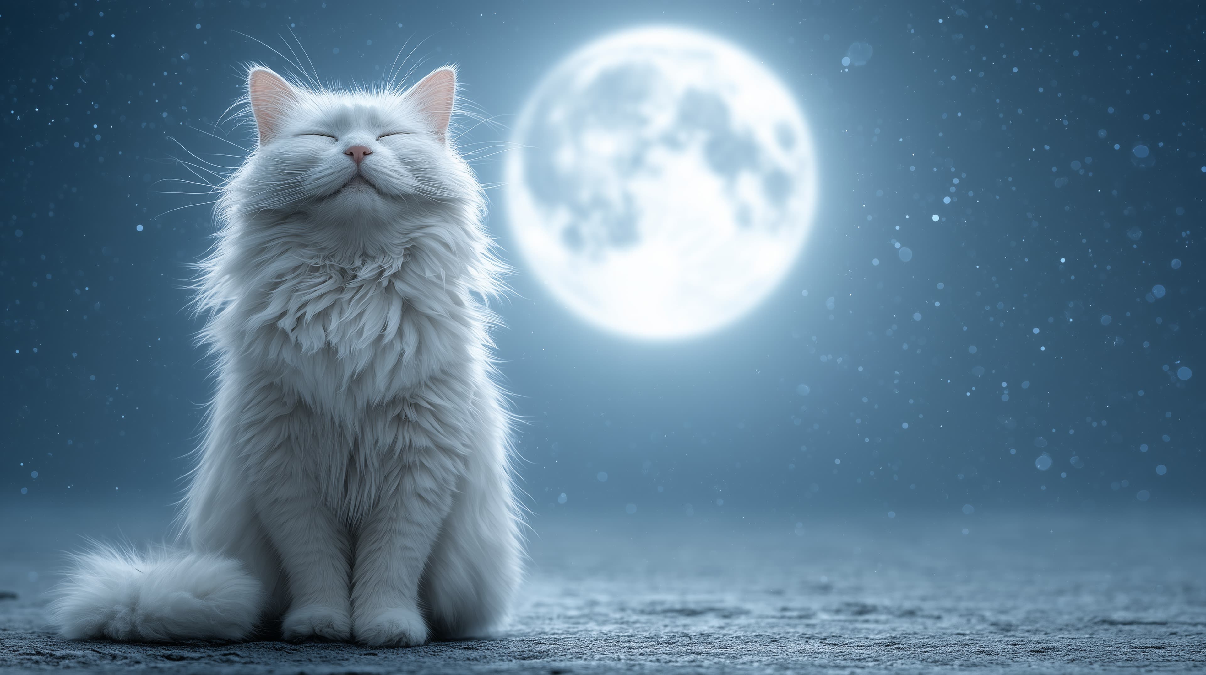 Moonlit White Cat Under a Full Moon - Night Sky Wallpaper - High Resolution blue-glow Wallpaper for Mobile and Desktop