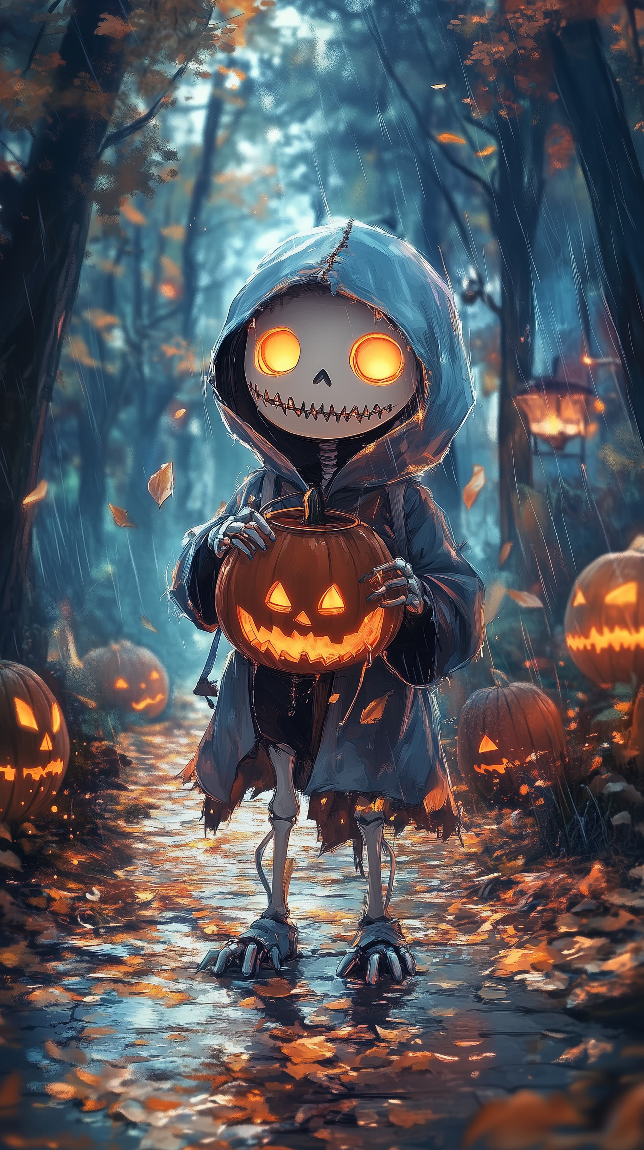 Moody Halloween Skeleton in Hood Holding Glowing Pumpkin - High Resolution autumn-leaves Wallpaper for Mobile and Desktop