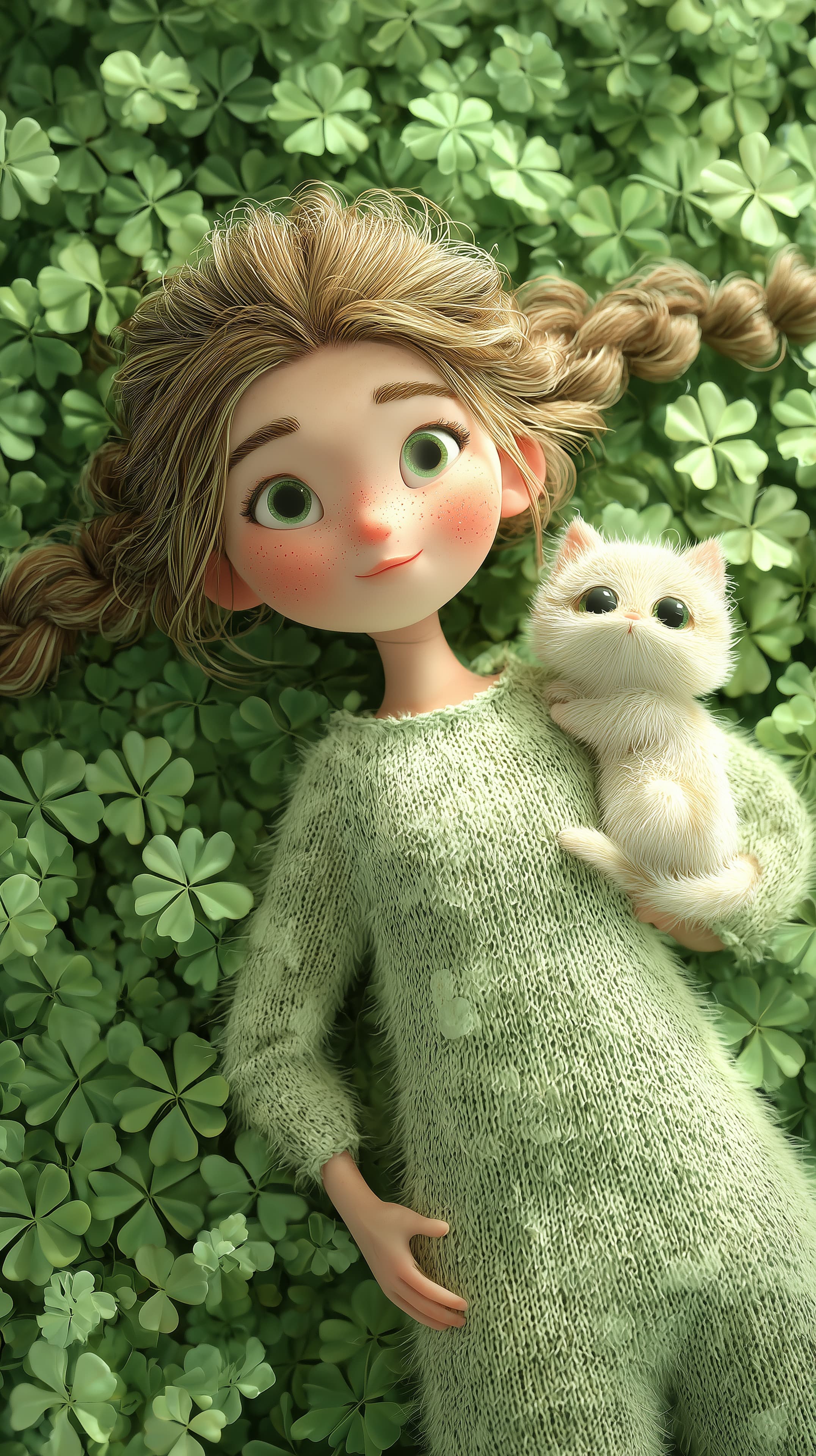 Whimsical Green Meadow Doll in Soft Knit Sweater Wallpaper - High Resolution 3d-illustration Wallpaper for Mobile and Desktop