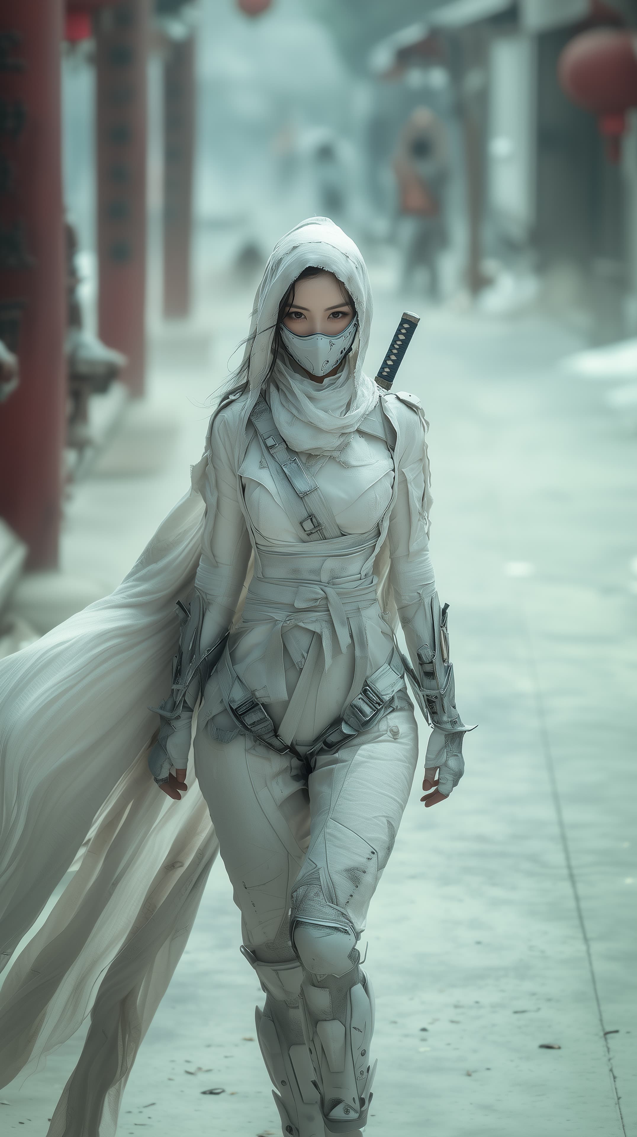 Futuristic White Warrior in Flowing Cape – Sci-Fi Wallpaper - High Resolution armor Wallpaper for Mobile and Desktop