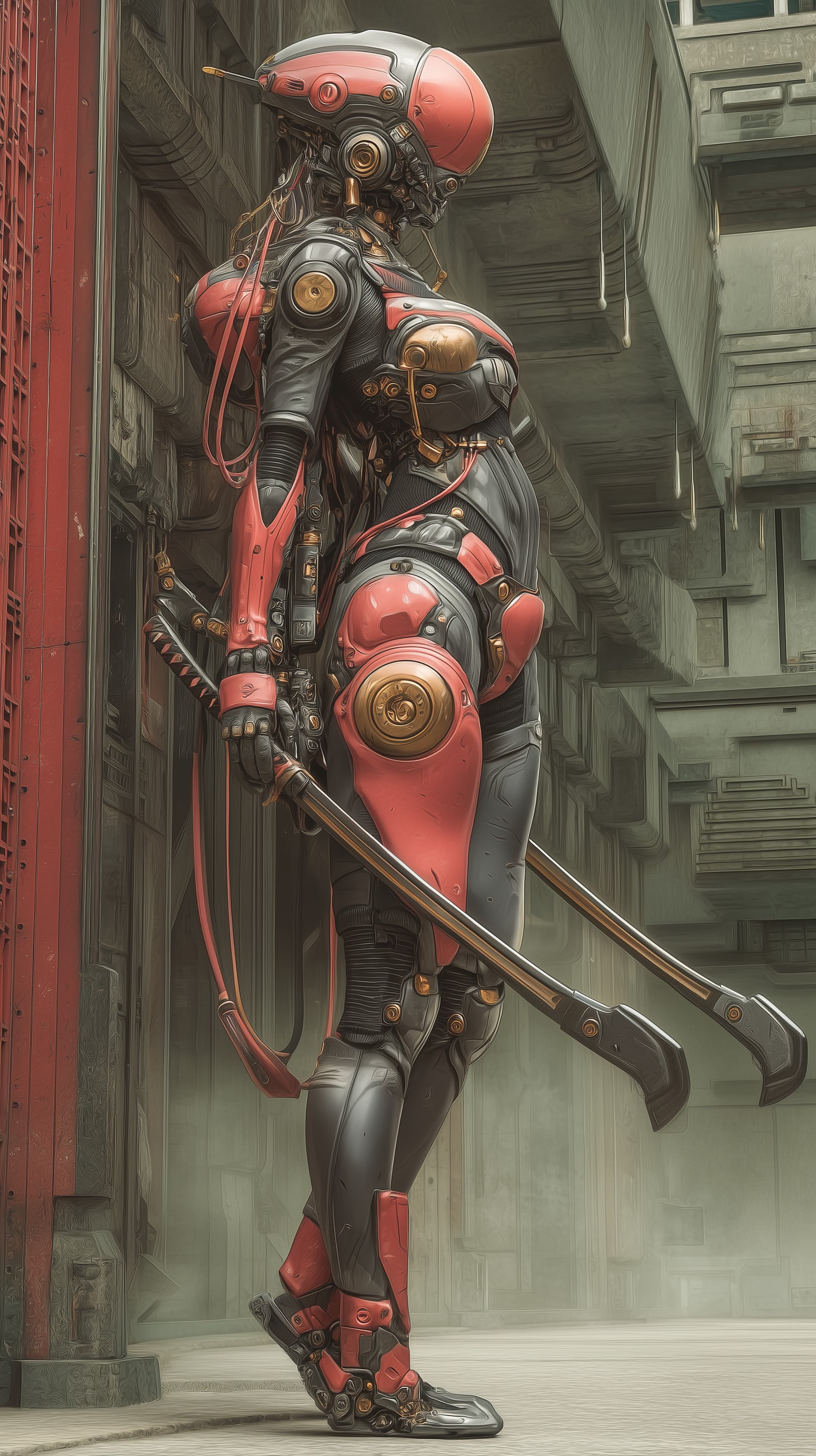 Towering Cybernetic Warrior in Neon-Red Armor in Urban Alley - High Resolution cybernetic Wallpaper for Mobile and Desktop