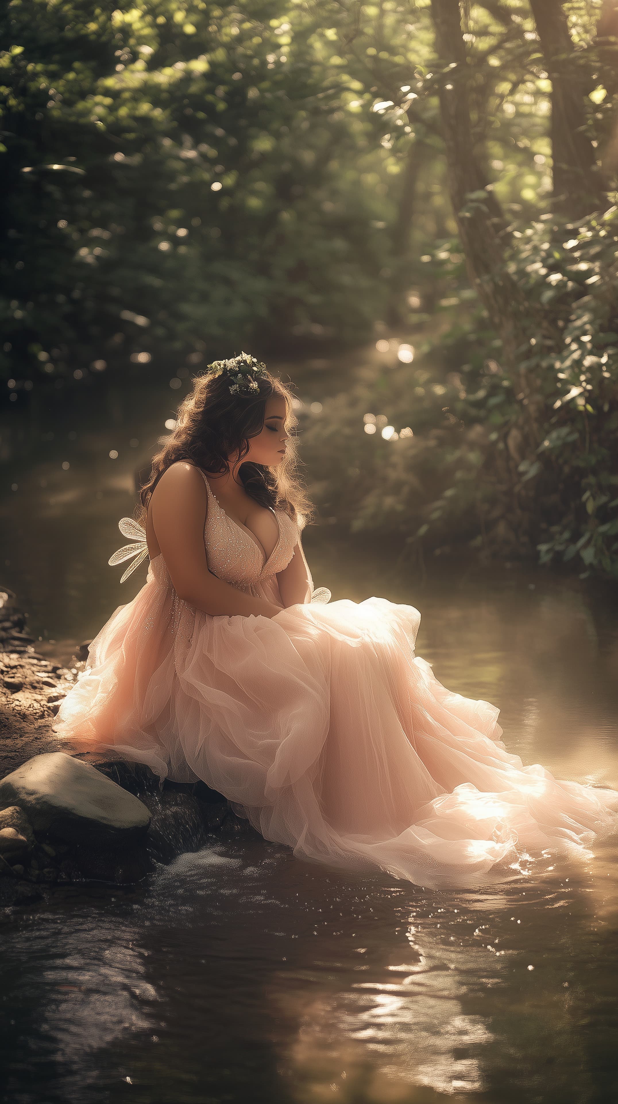 Dreamy forest river portrait in blush pink flowing gown - High Resolution dreamy Wallpaper for Mobile and Desktop