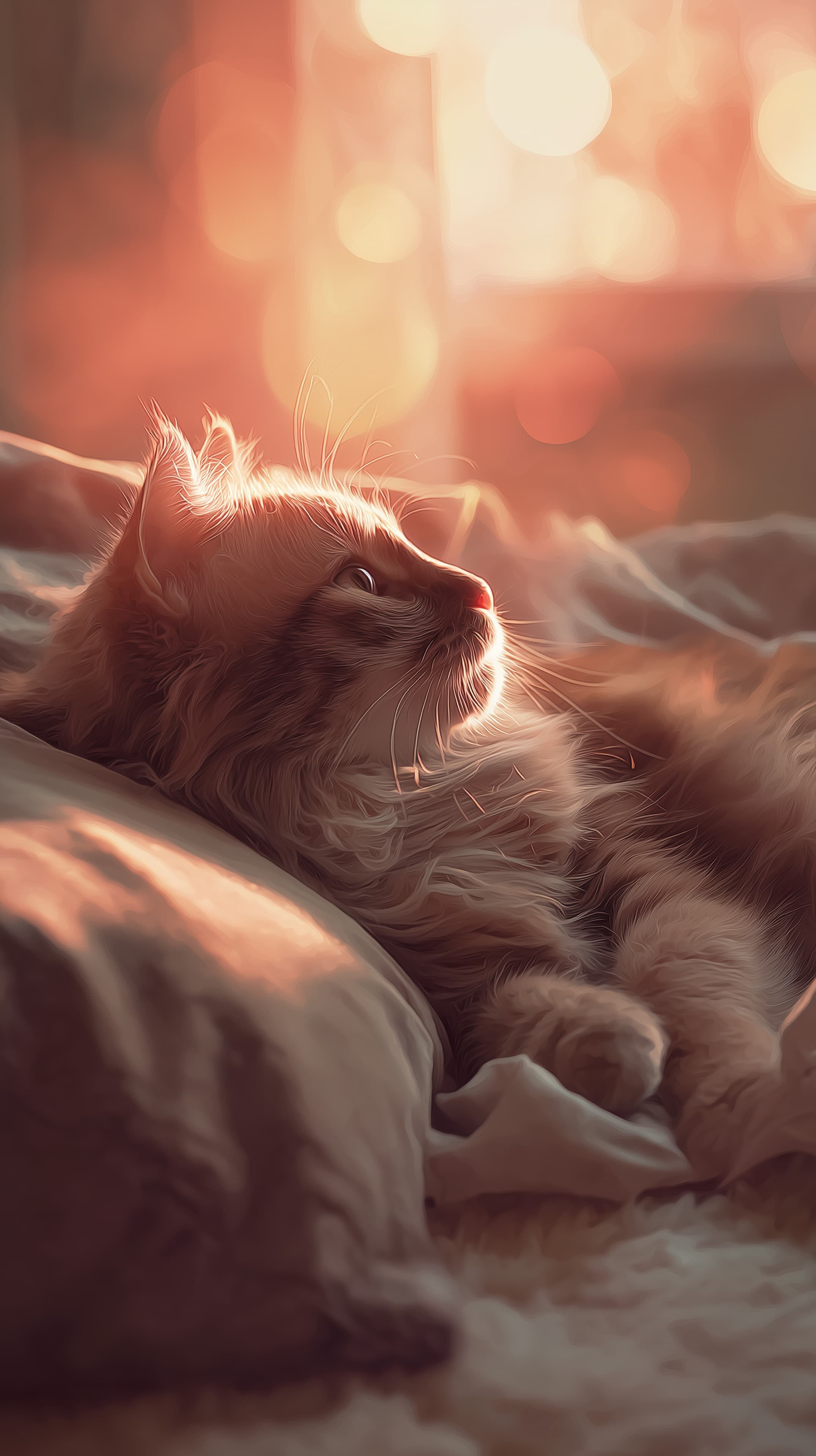 Cozy Cat in Warm Sunset Light on Soft Bedding at Dusk - High Resolution bedroom-decor Wallpaper for Mobile and Desktop