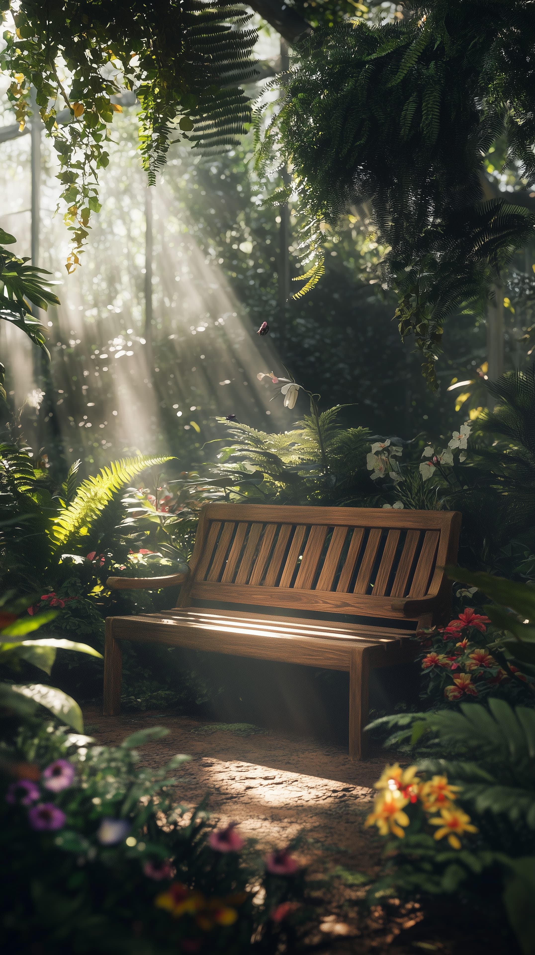 Sunlit Jungle Garden Bench in a Serene Greenhouse Oasis - High Resolution sunlight-beams Wallpaper for Mobile and Desktop