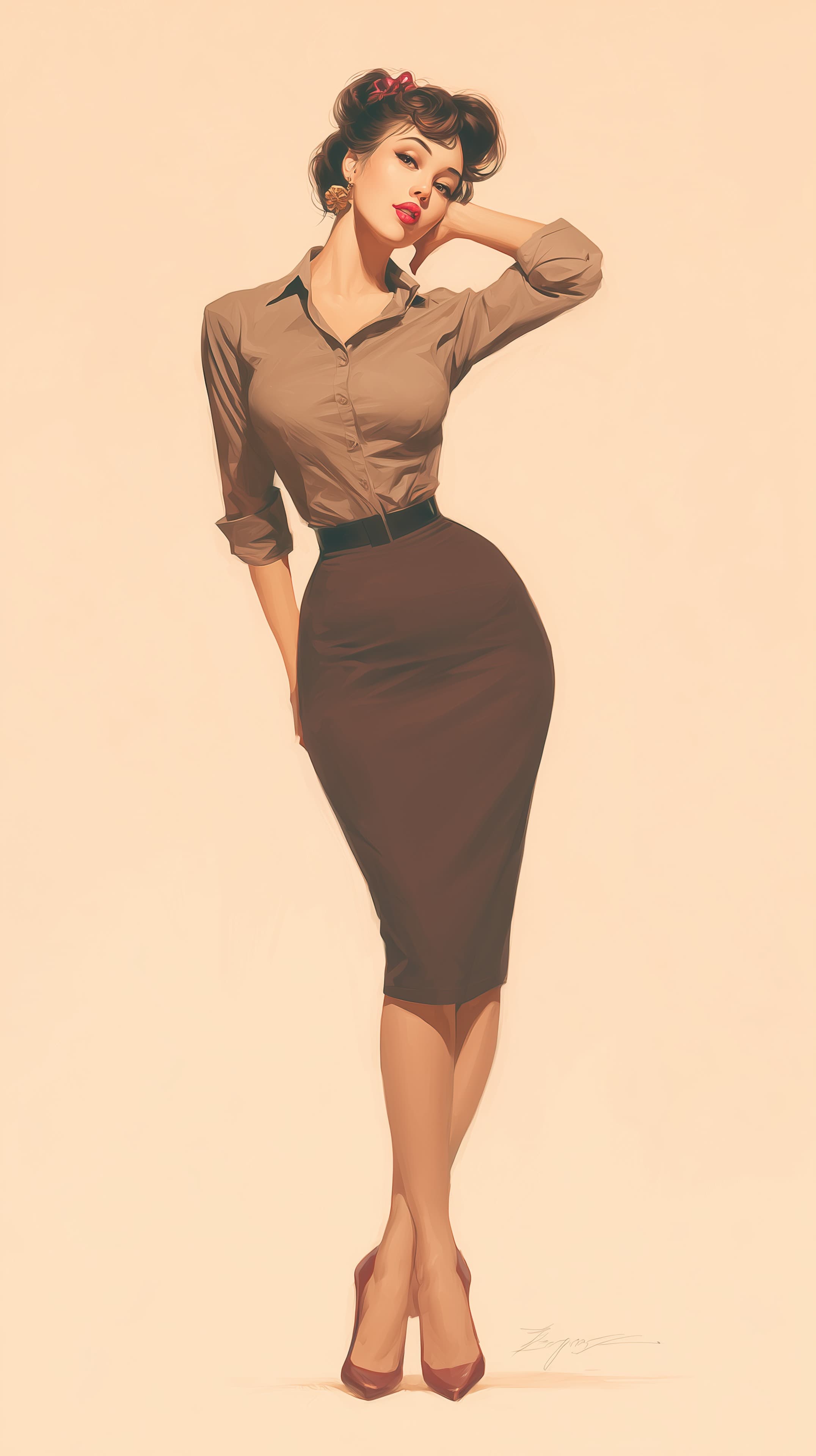 Retro pin-up chic: stylish woman in brown blouse and pencil skirt - High Resolution brown-blouse Wallpaper for Mobile and Desktop