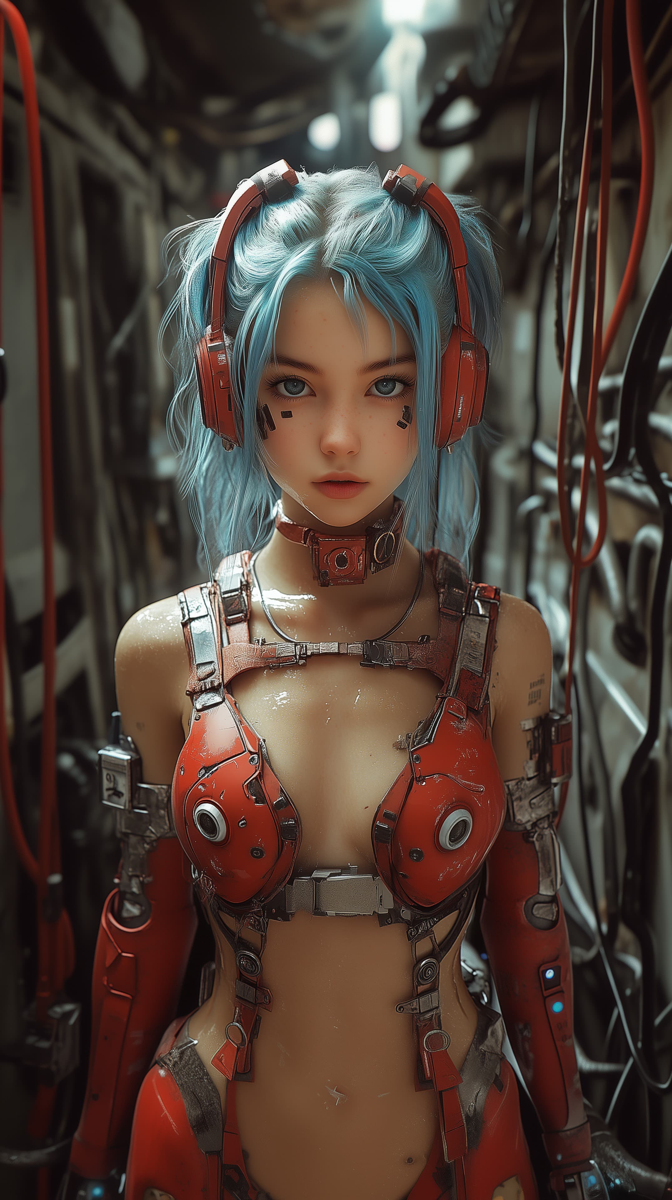 Cyberpunk Neon Warrior: Red Armor, Blue Hair in Tech Corridor - High Resolution armor Wallpaper for Mobile and Desktop