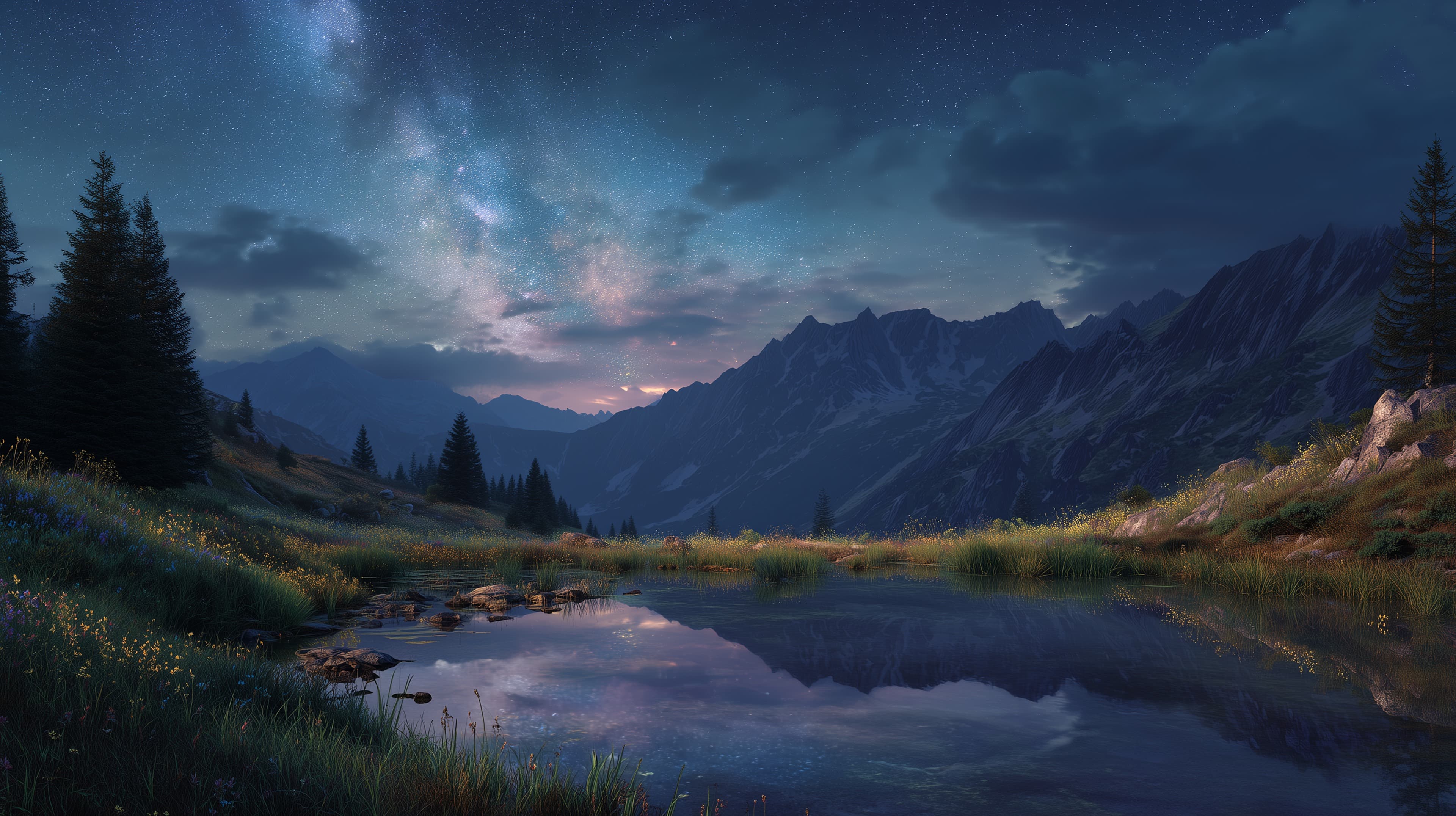 Starlit Alpine Nightscape: Moonless Sky Over Reflective Lake - High Resolution alpine Wallpaper for Mobile and Desktop