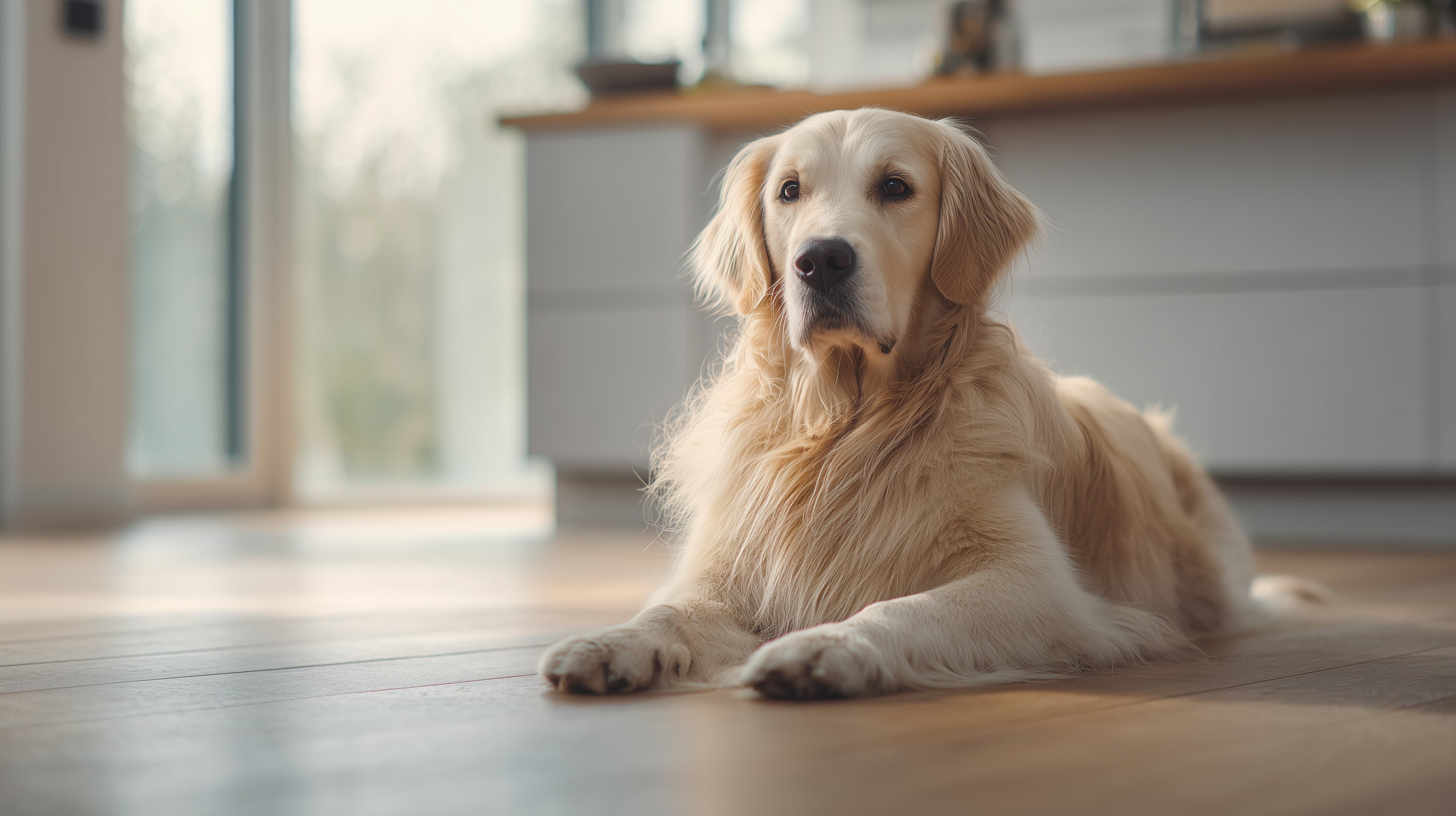 Cozy Golden Retriever Indoors - Warm Home Interior Wallpaper - High Resolution dog Wallpaper for Mobile and Desktop