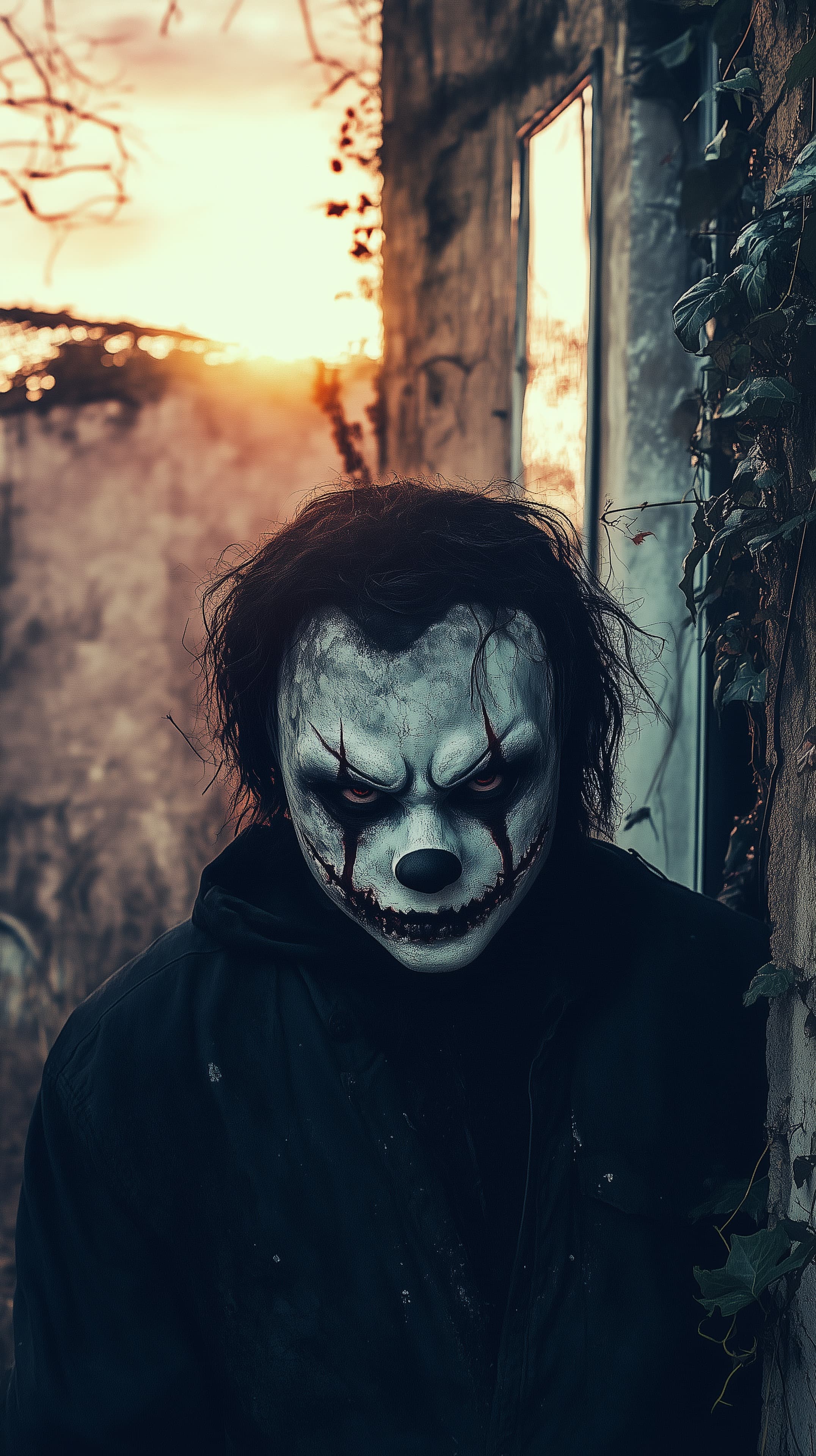 Moody horror clown portrait at sunset for eerie wallpaper - High Resolution creepy-clown Wallpaper for Mobile and Desktop