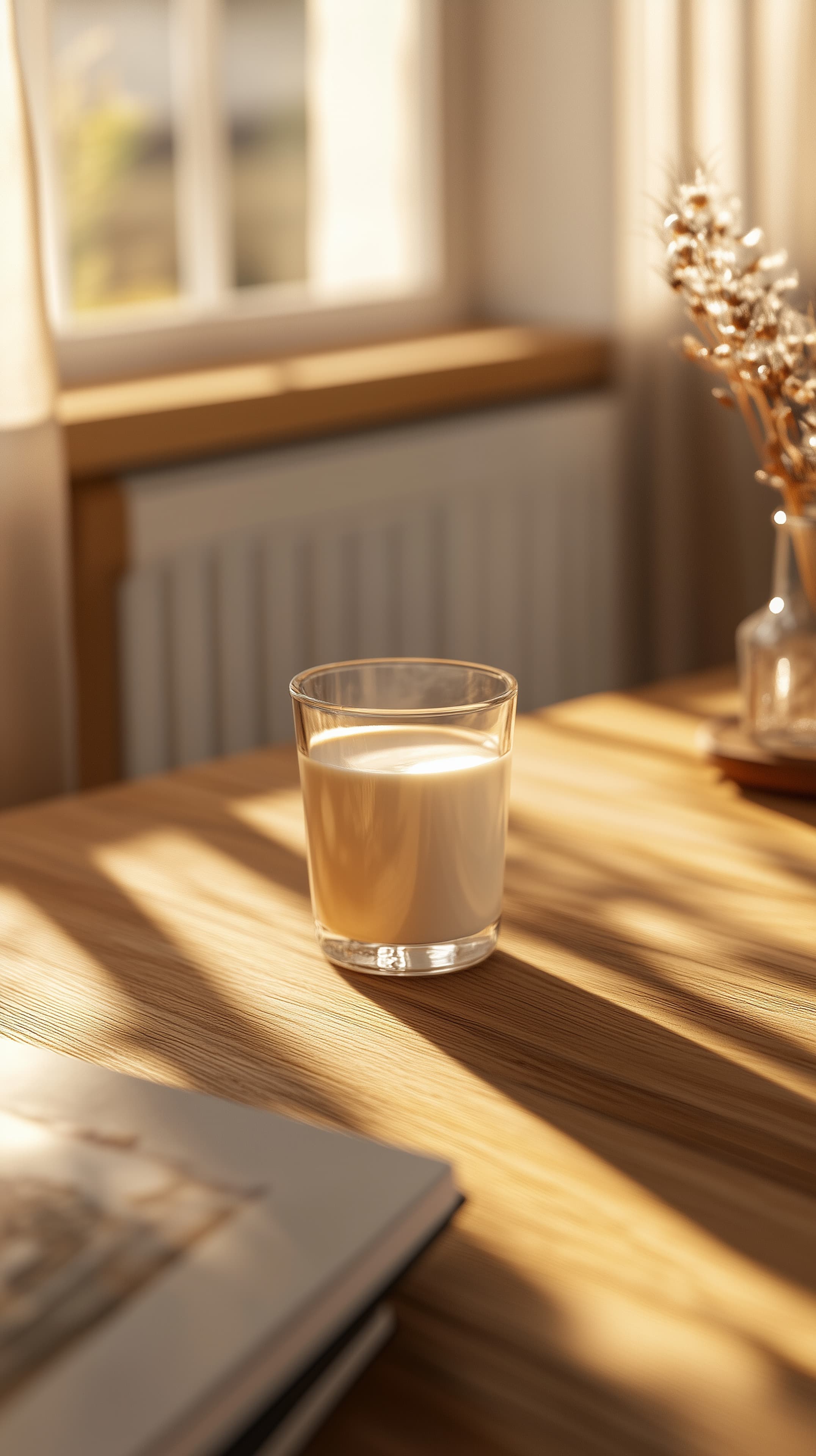 Soft Morning Milk on Sunlit Wooden Table in Cozy Kitchen Scene - High Resolution sunlit Wallpaper for Mobile and Desktop