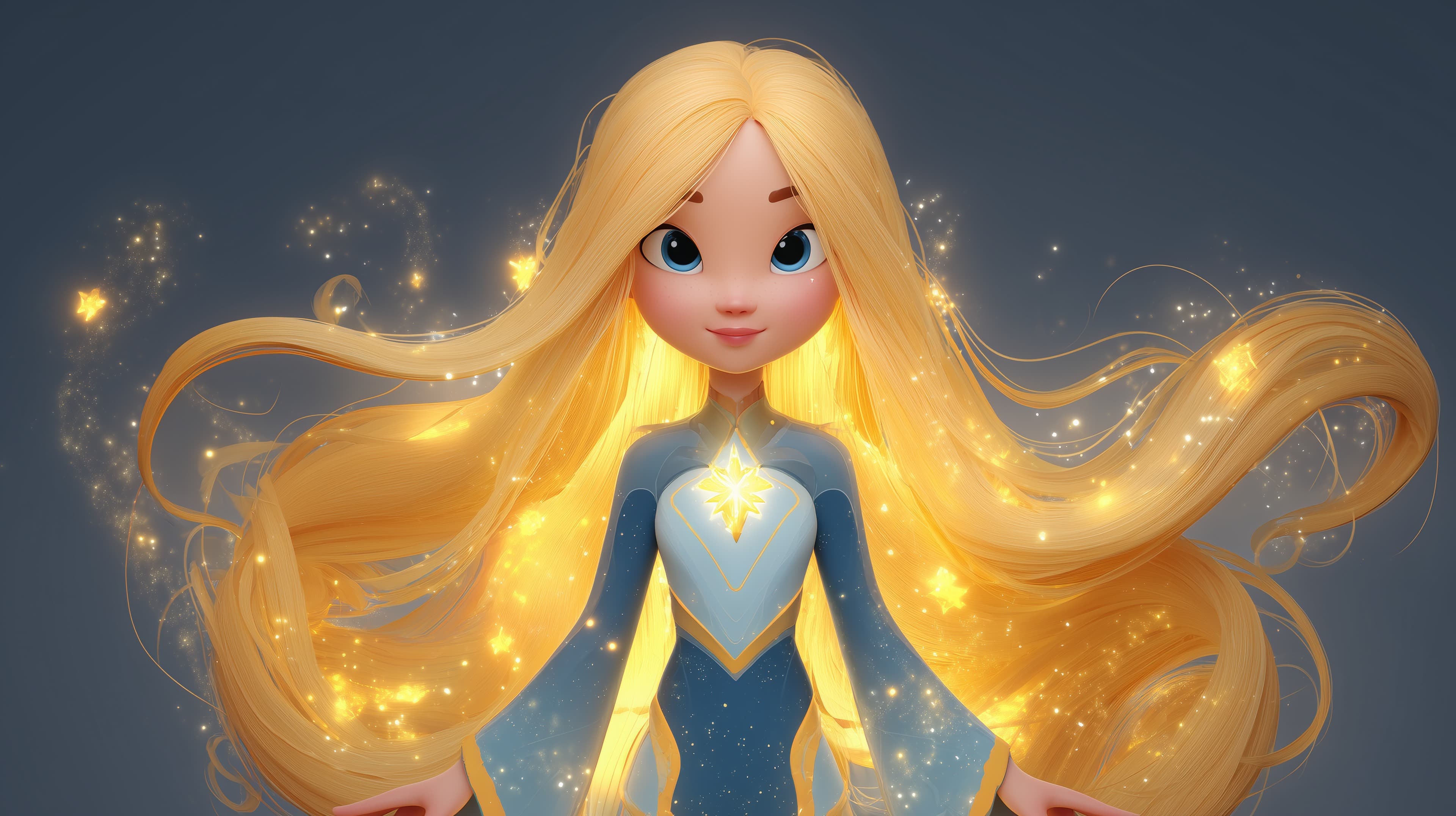 Glowing Star Heroine Wallpaper with Radiant Hair and Sparkles - High Resolution blue-outfit Wallpaper for Mobile and Desktop