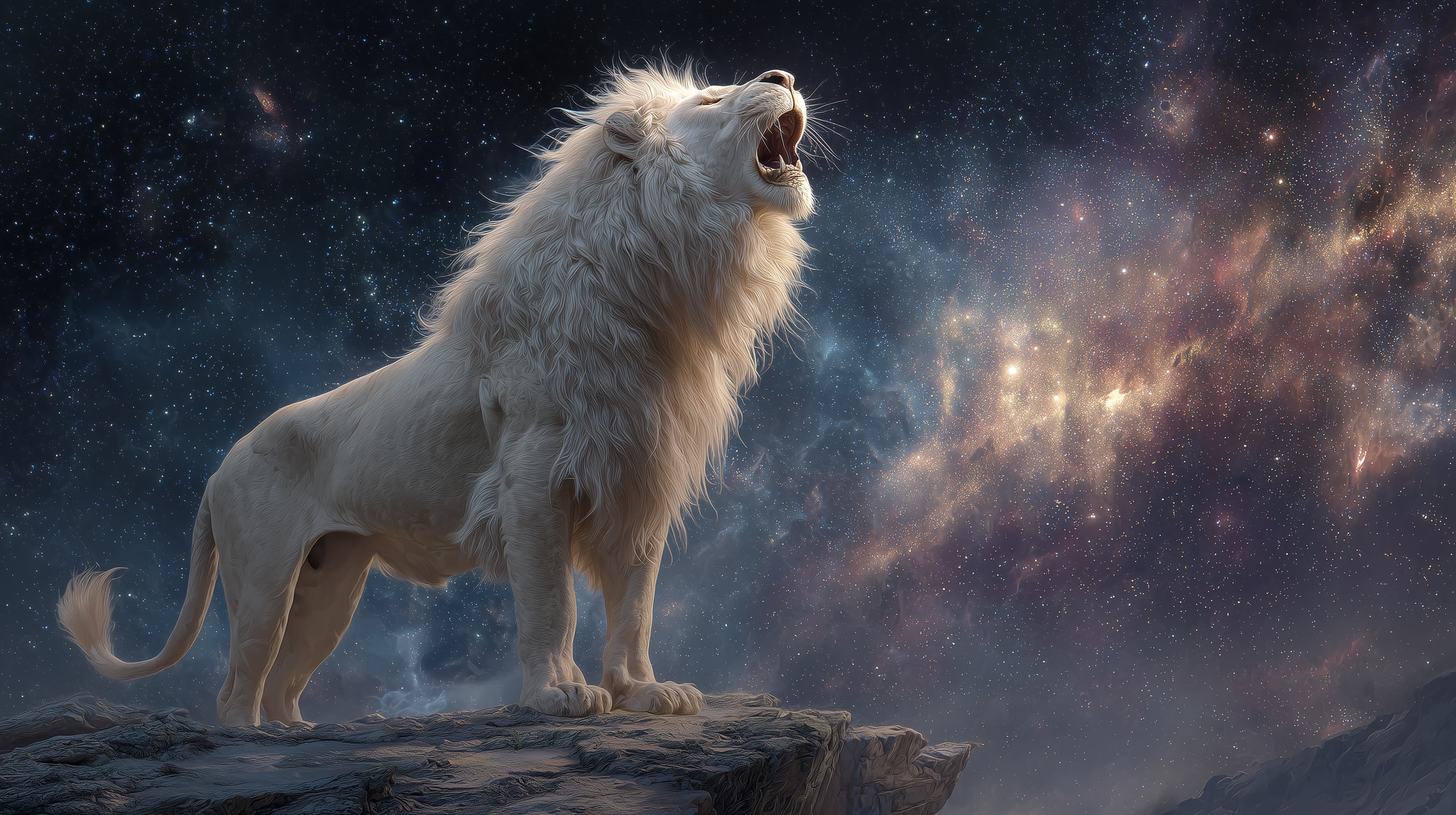 Majestic white lion roars under a cosmic night sky - High Resolution white-lion Wallpaper for Mobile and Desktop