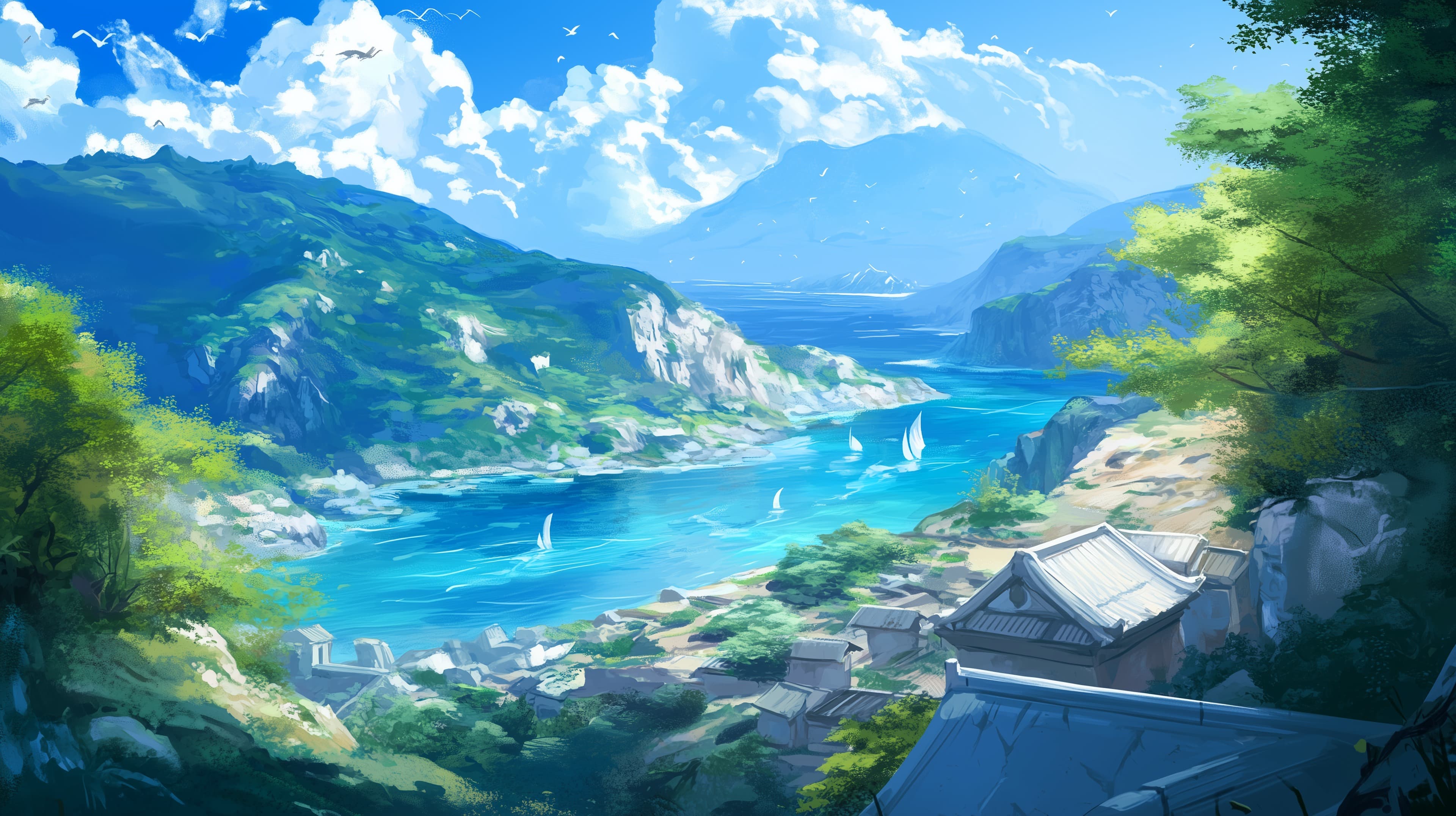 Vibrant Coastal Landscape: Lush Mountains, Sea & Village Wallpaper - High Resolution coastal Wallpaper for Mobile and Desktop