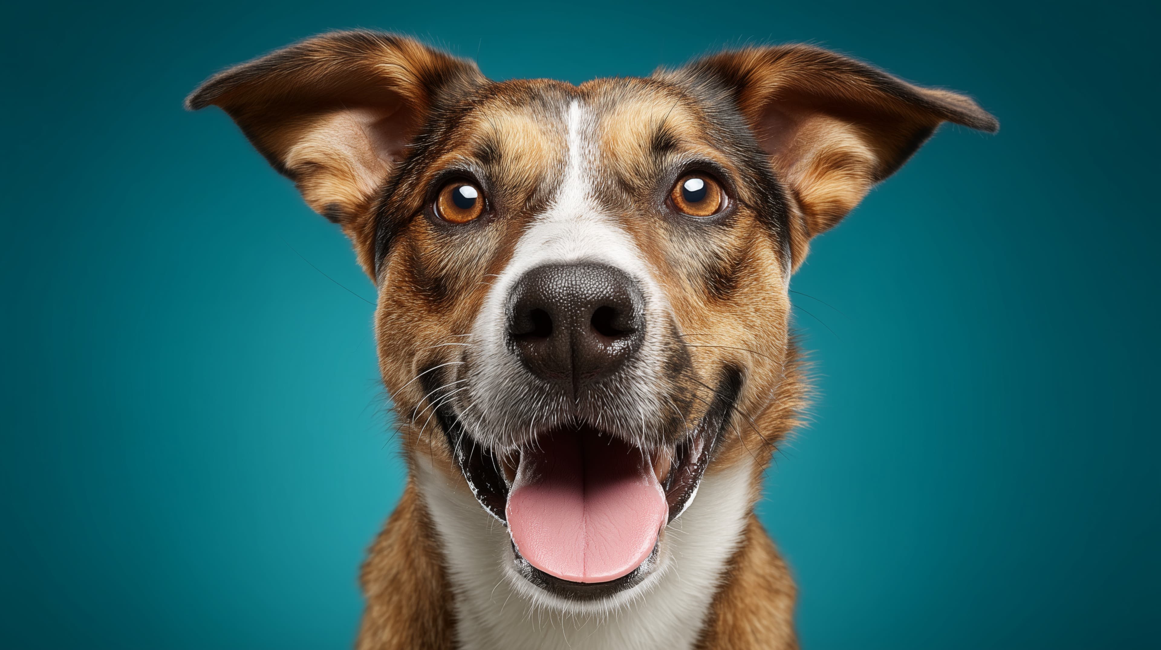 Radiant Smile: Friendly Mixed-Breed Dog Portrait on Teal Background - High Resolution dog Wallpaper for Mobile and Desktop