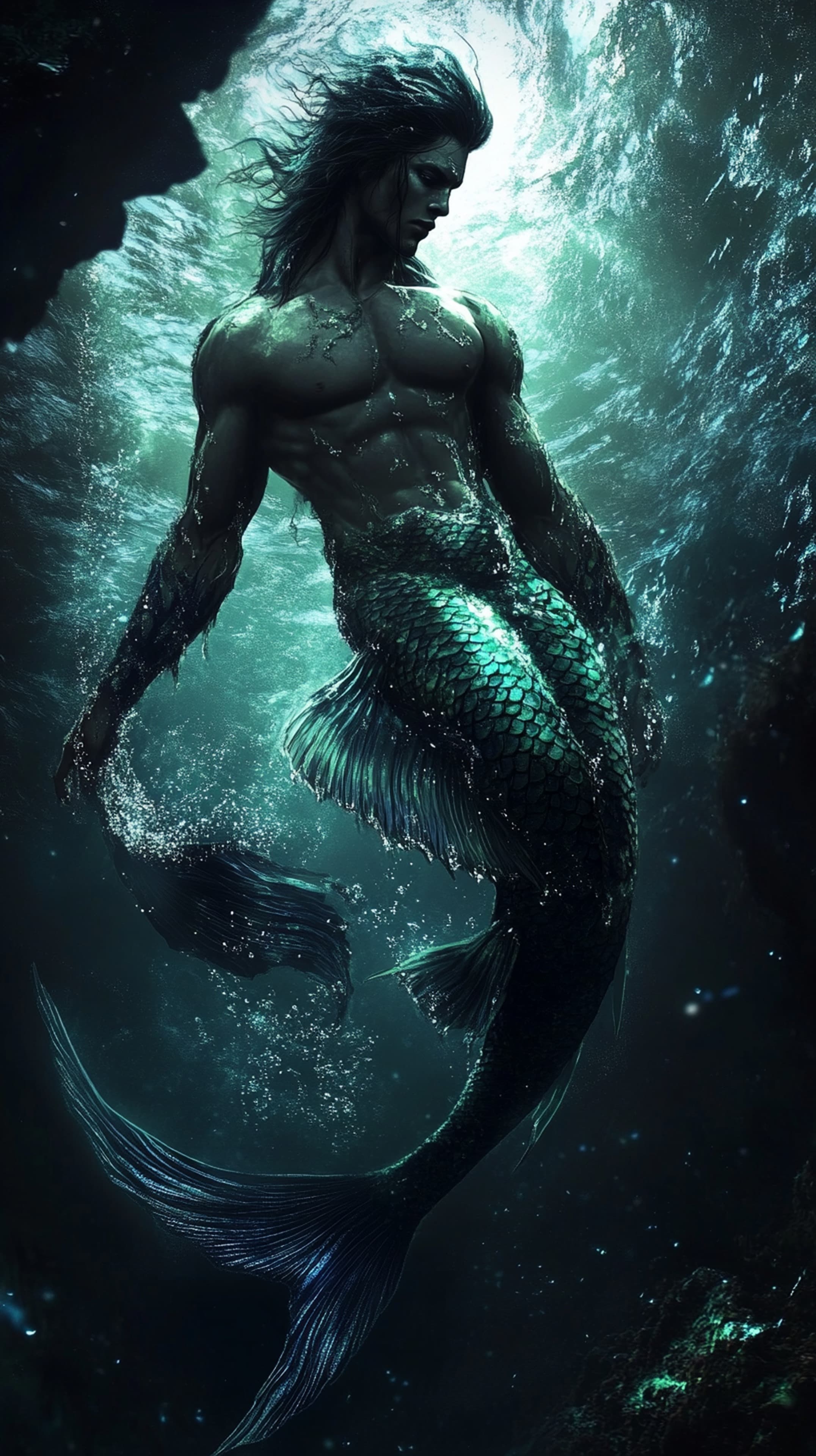 Ethereal Underwater Mermaid Silhouette in Emerald Hues - High Resolution mermaid Wallpaper for Mobile and Desktop