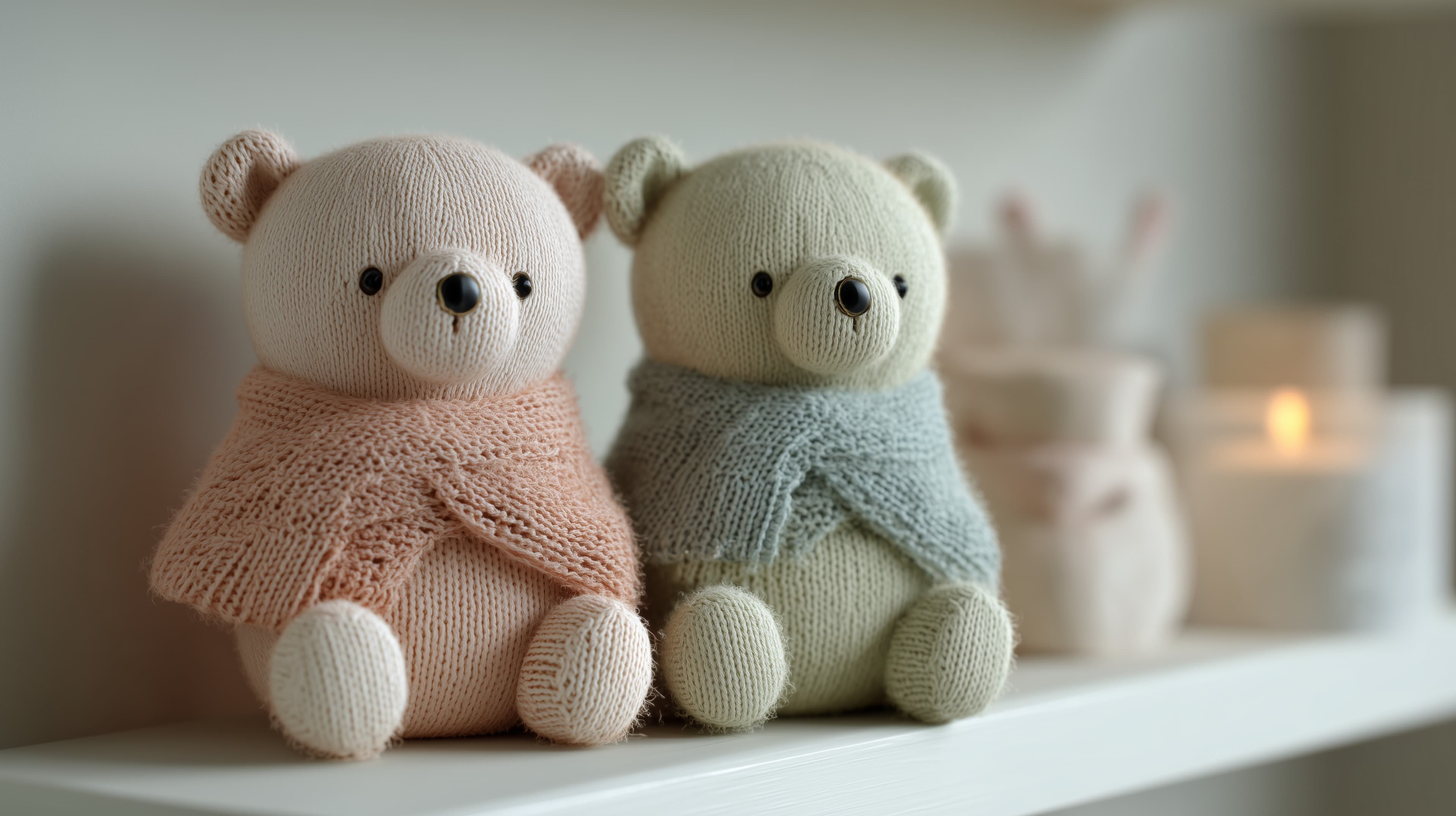 Pastel knitted teddy bears in cozy decor wallpaper - High Resolution candlelight Wallpaper for Mobile and Desktop