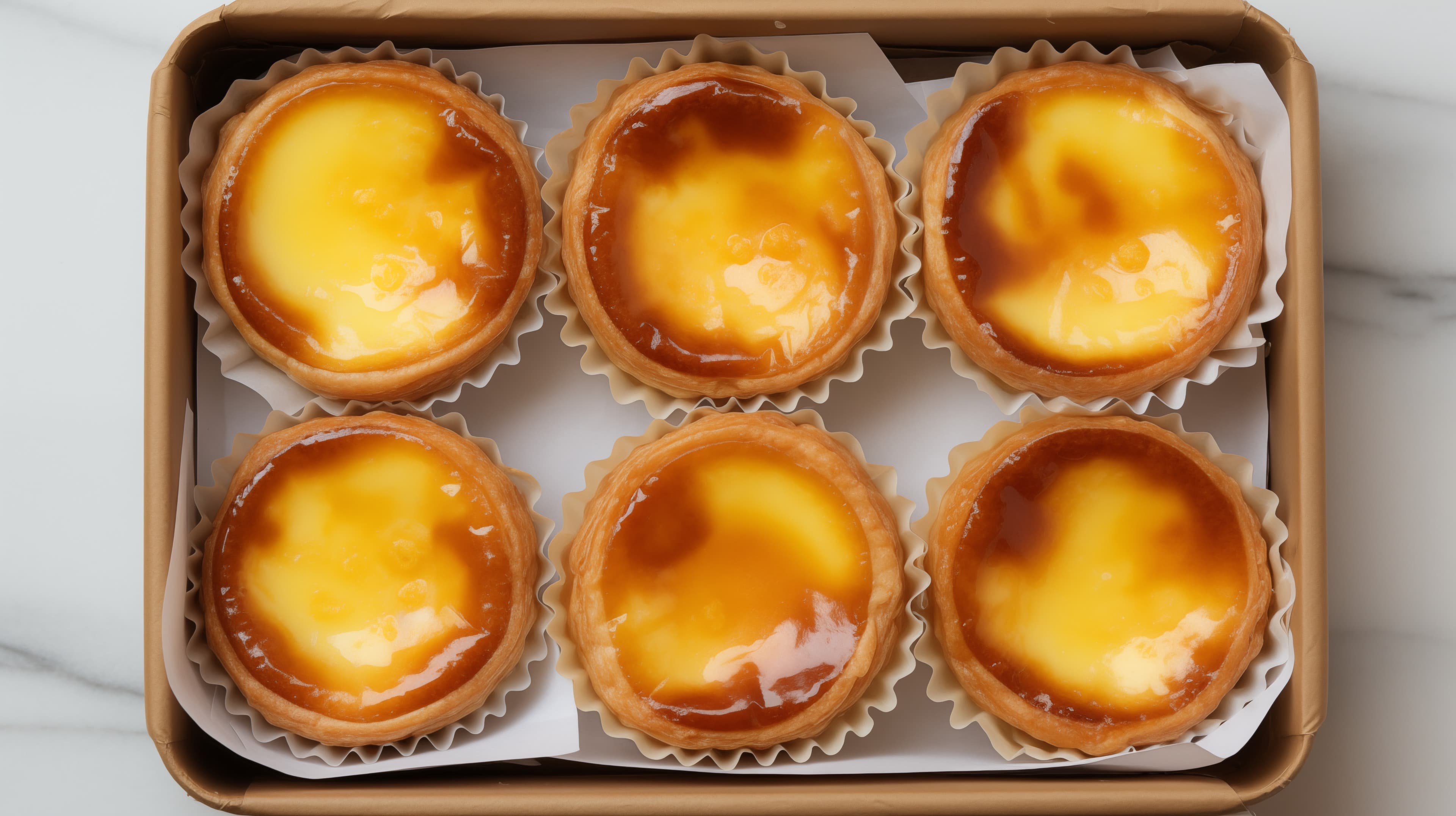Six egg custard tarts in a box with golden caramel tops - High Resolution bakery Wallpaper for Mobile and Desktop