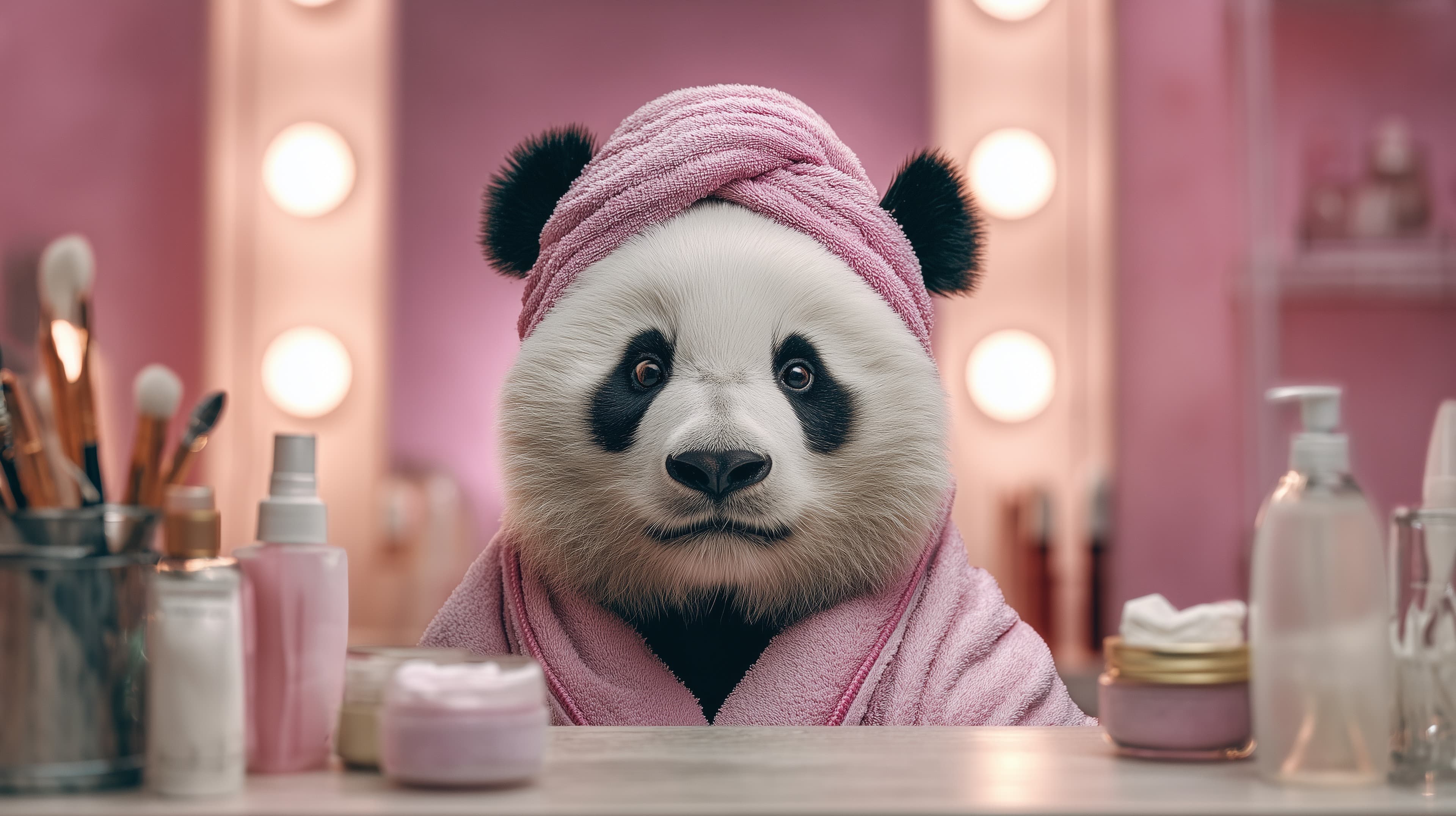 Cozy Pink Panda in Bathrobe Vanity Wallpaper Scene - High Resolution panda Wallpaper for Mobile and Desktop