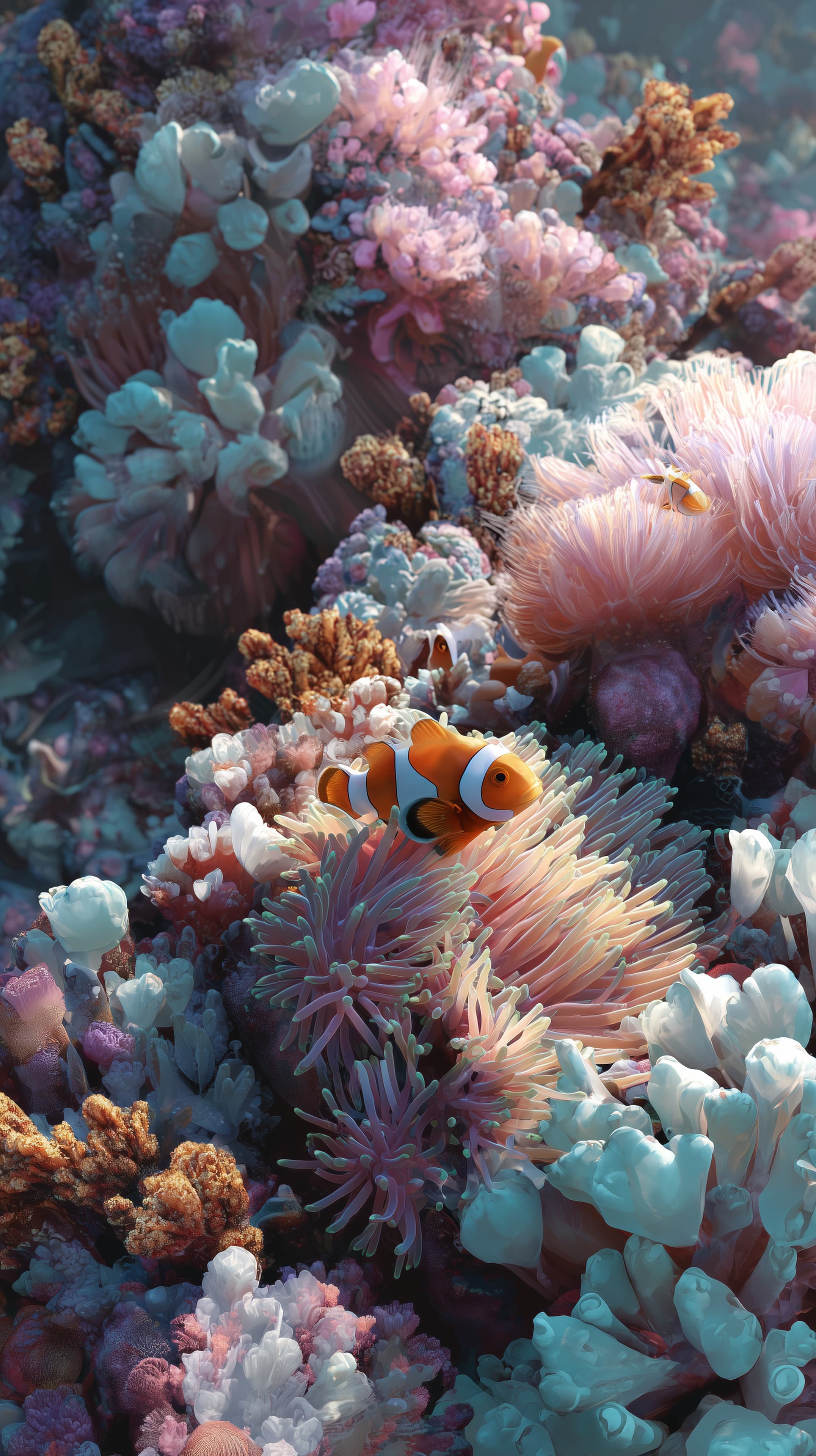 Vibrant Coral Reef Underwater Scene with Clownfish - High Resolution anemone Wallpaper for Mobile and Desktop