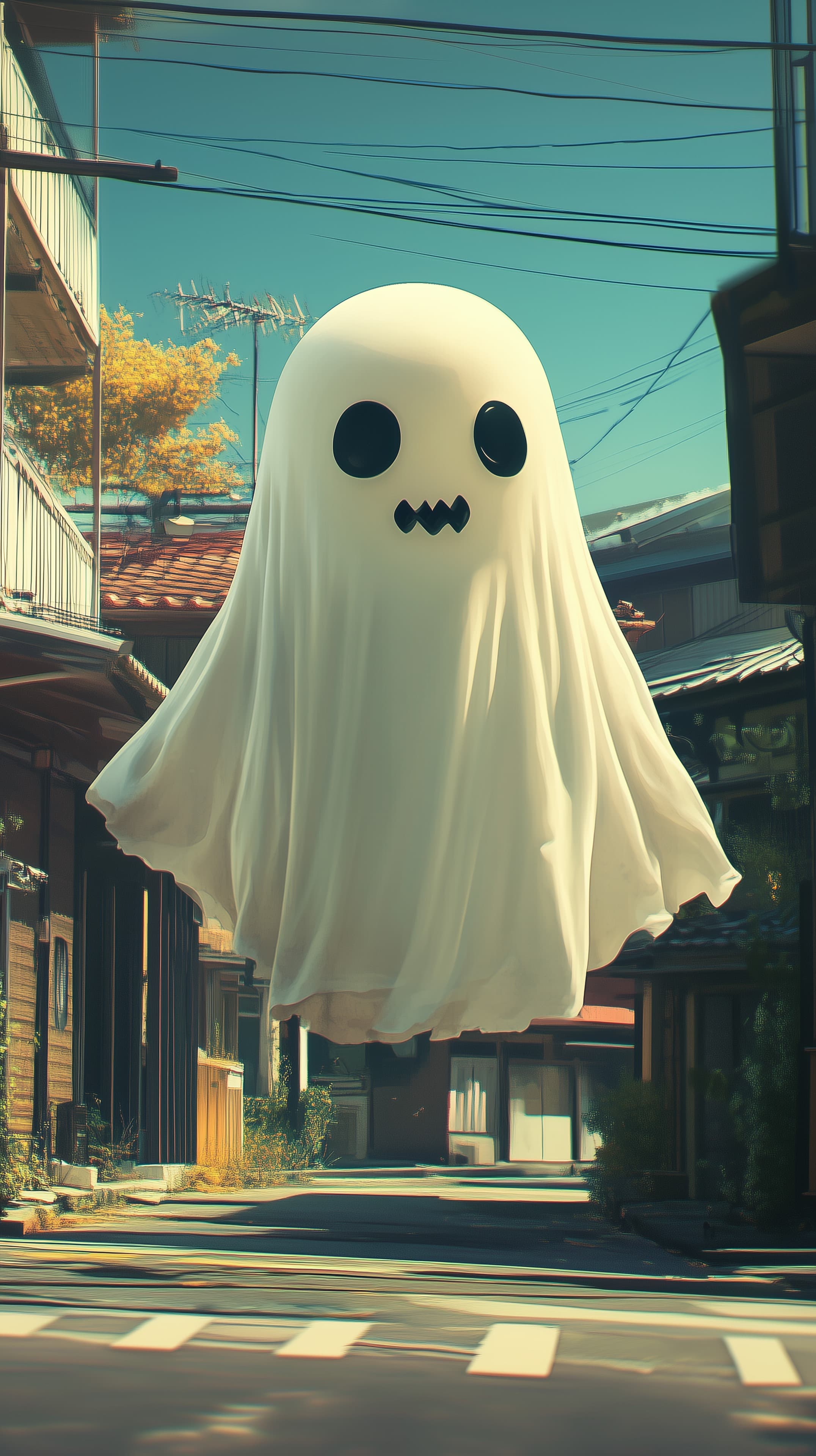 Whimsical Ghost Floating Over Calm Urban Street Wallpaper - High Resolution cityscape Wallpaper for Mobile and Desktop