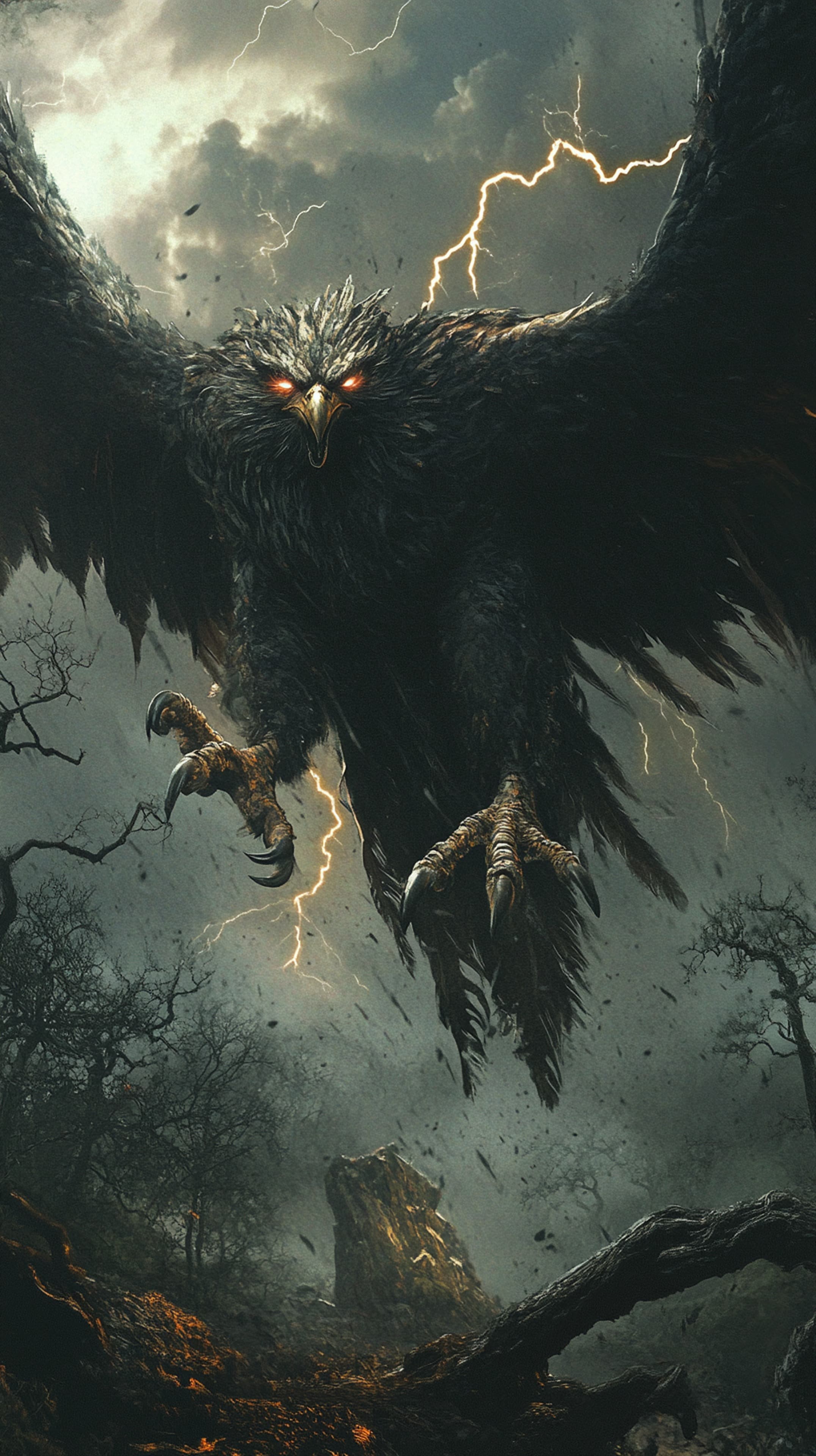 Monochrome Thunder Eagle Soaring Above Stormy Mountain Landscape - High Resolution black-and-white Wallpaper for Mobile and Desktop