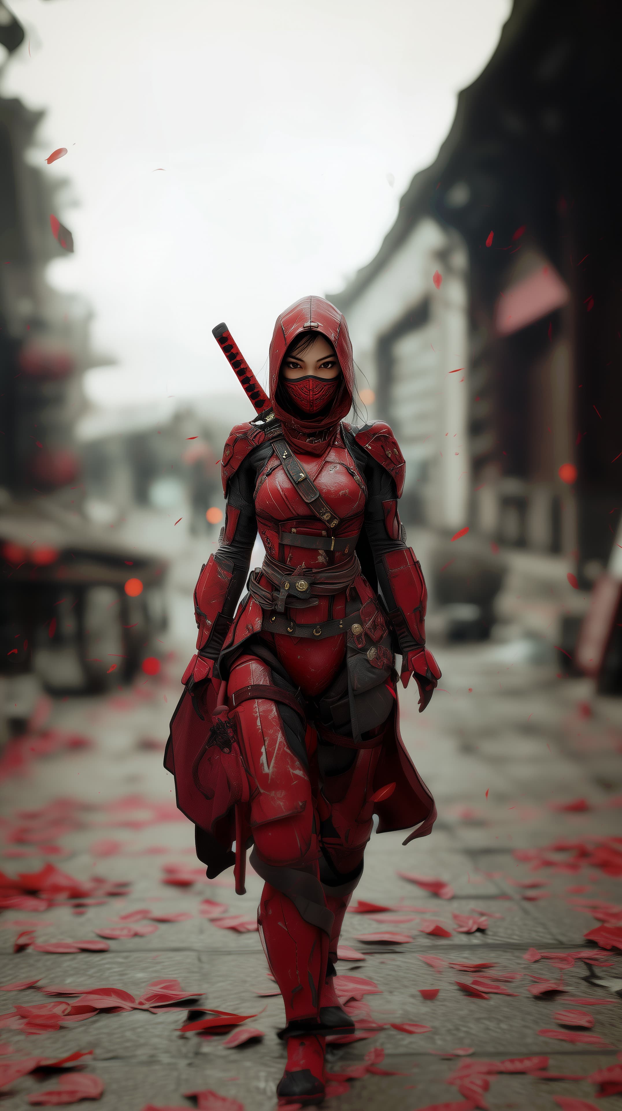 Red Armored Ninja Warrior in Urban Street Wallpaper - High Resolution battle-suit Wallpaper for Mobile and Desktop