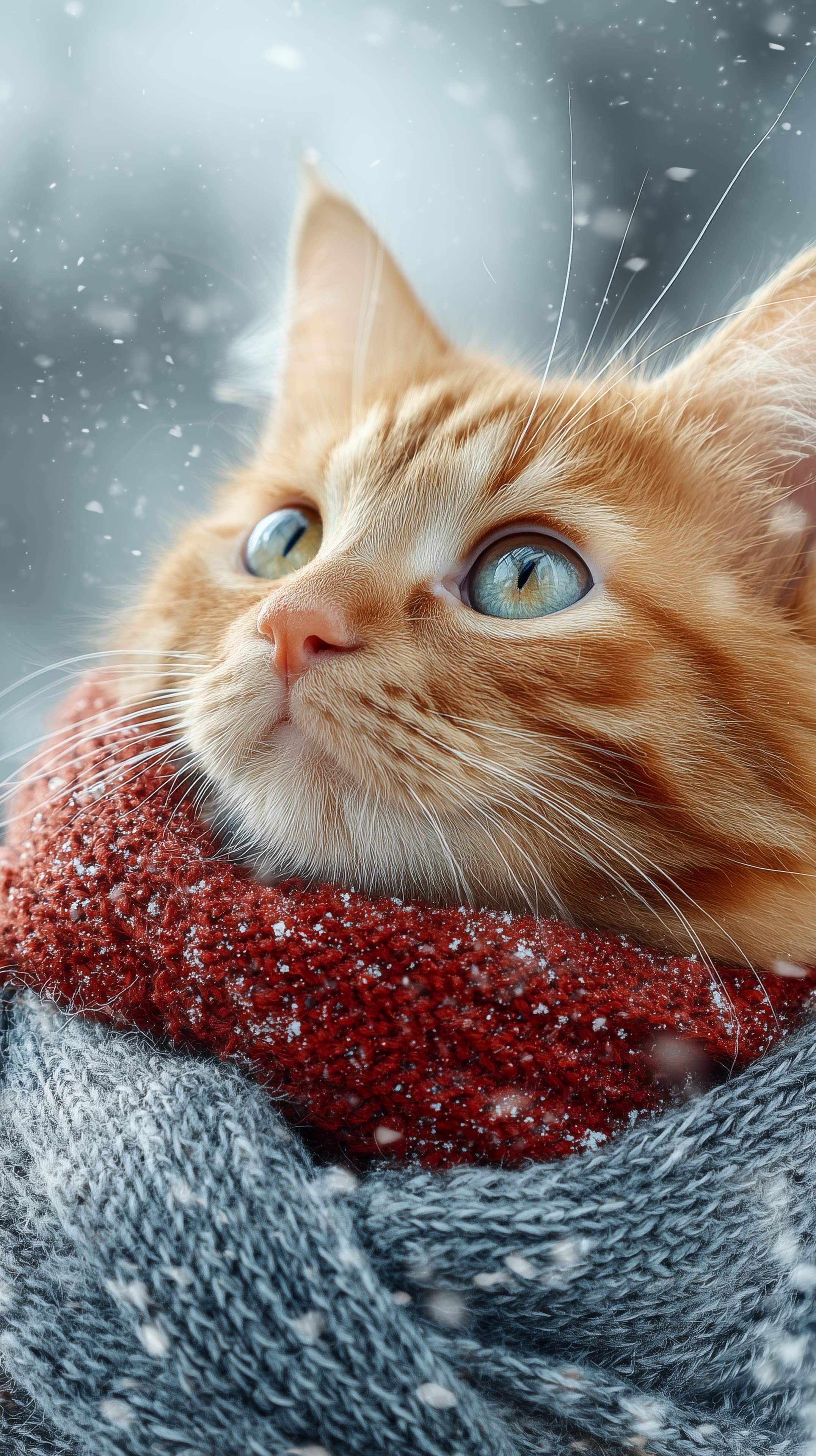 Cozy Winter Cat Portrait in Woolen Scarf Blue Eyes - High Resolution blue-eyes Wallpaper for Mobile and Desktop