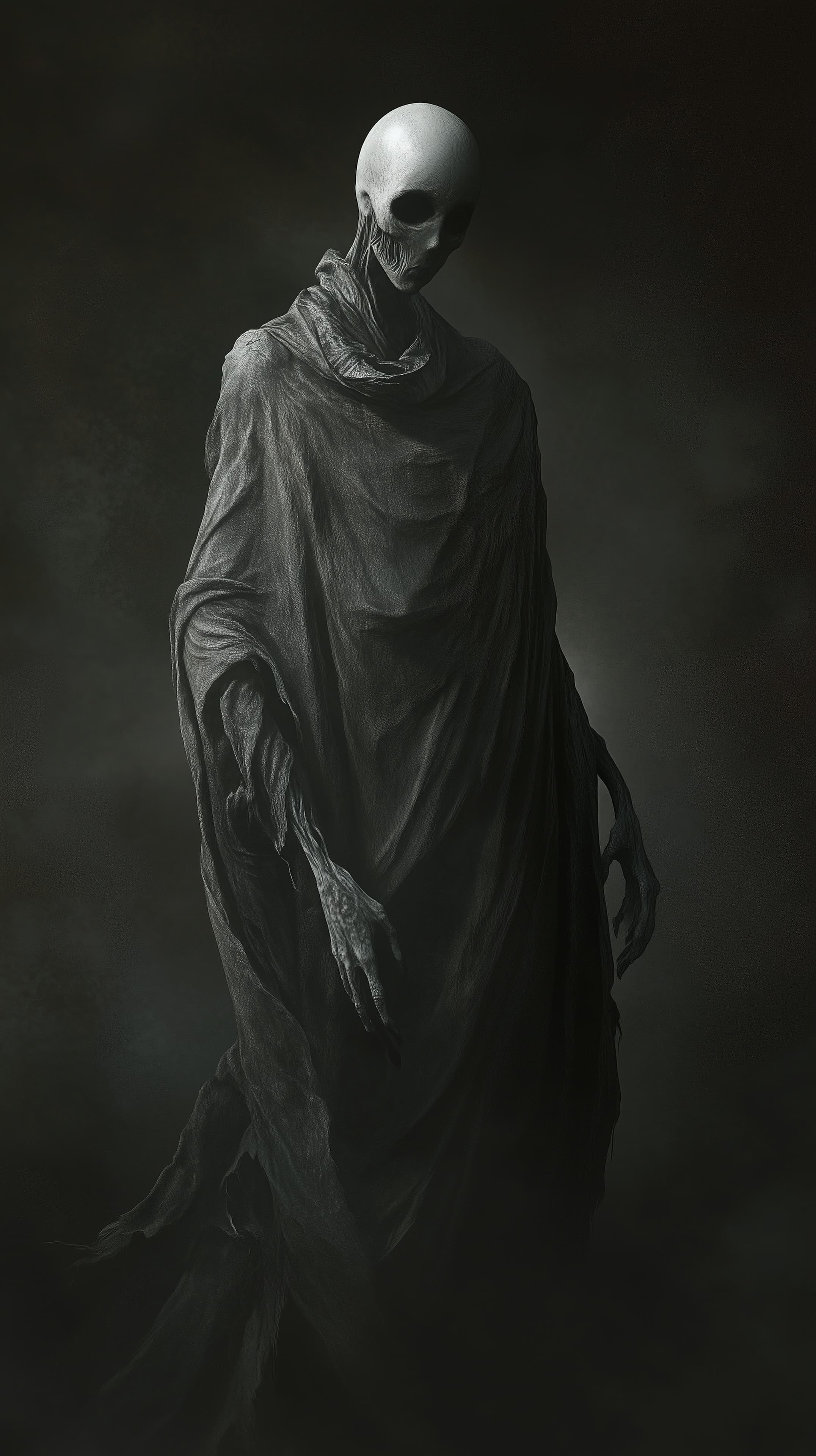 Dark Phantom in a Tattered Cloak: Eerie Grim Silhouette - High Resolution dark Wallpaper for Mobile and Desktop