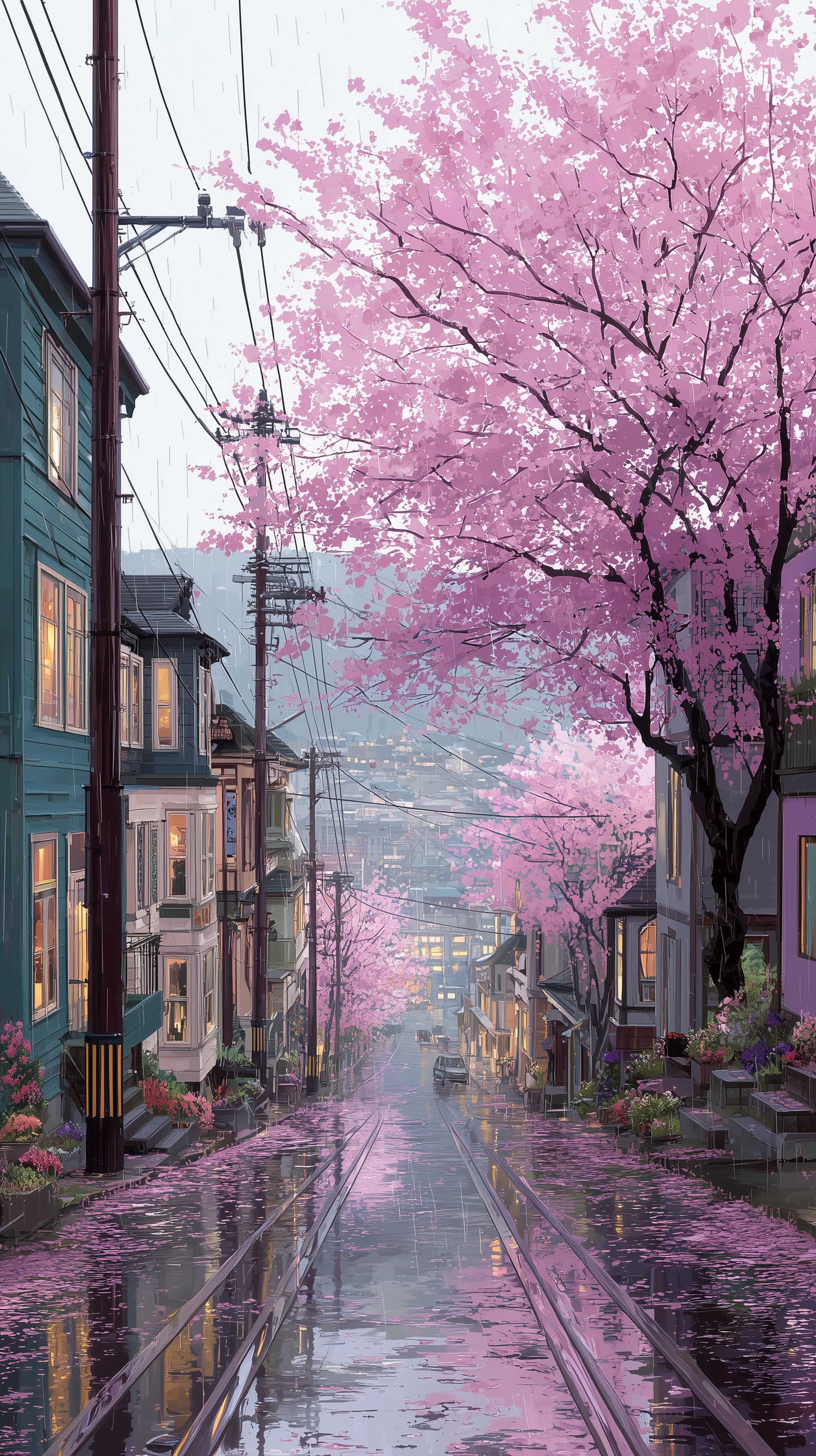 Pastel Cherry Blossom Street in Rain - Serene Urban Wallpaper - High Resolution cherry-blossoms Wallpaper for Mobile and Desktop