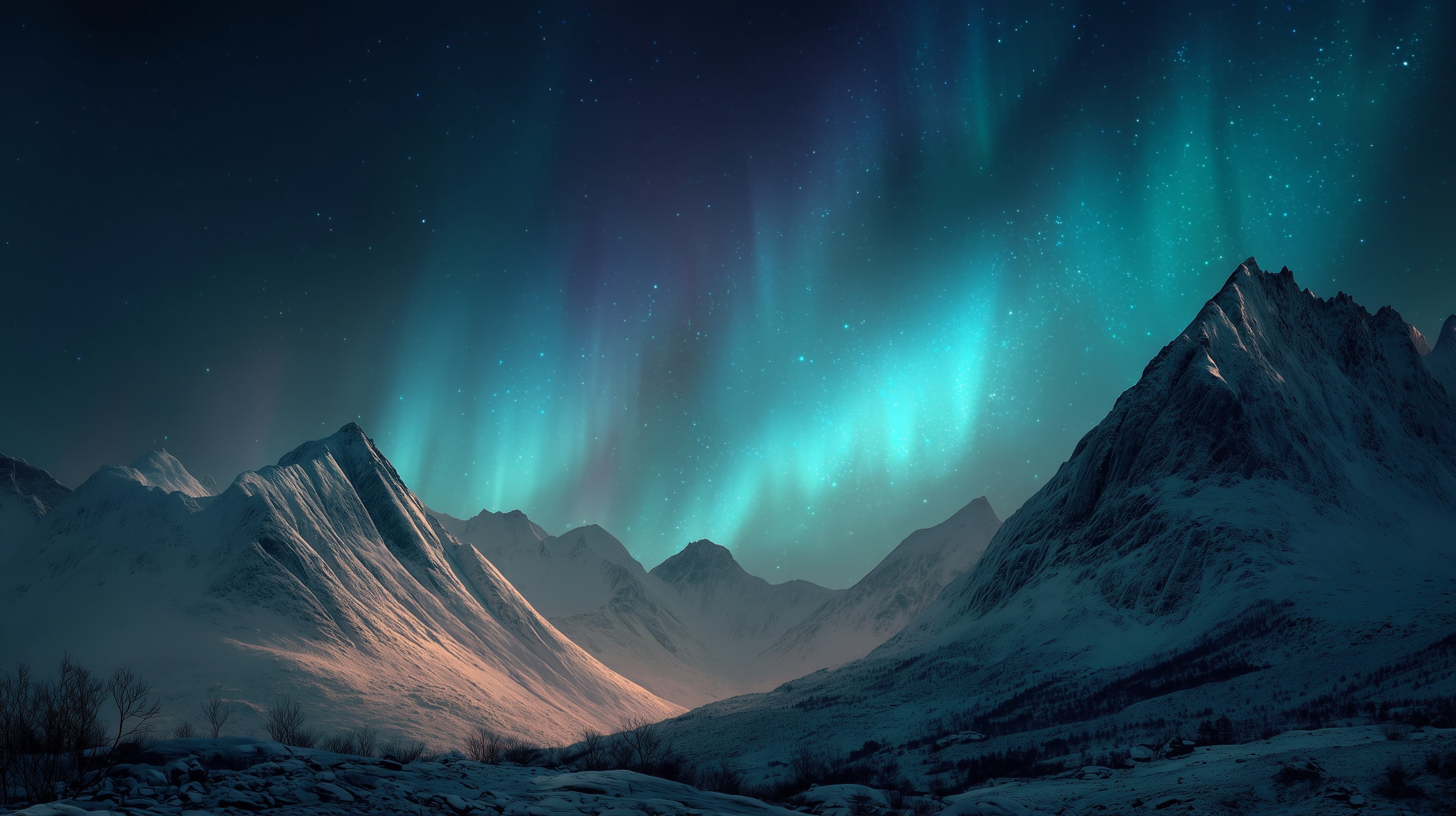 Majestic Night Peaks Under Aurora Borealis Glow in Icy Landscape - High Resolution aurora Wallpaper for Mobile and Desktop