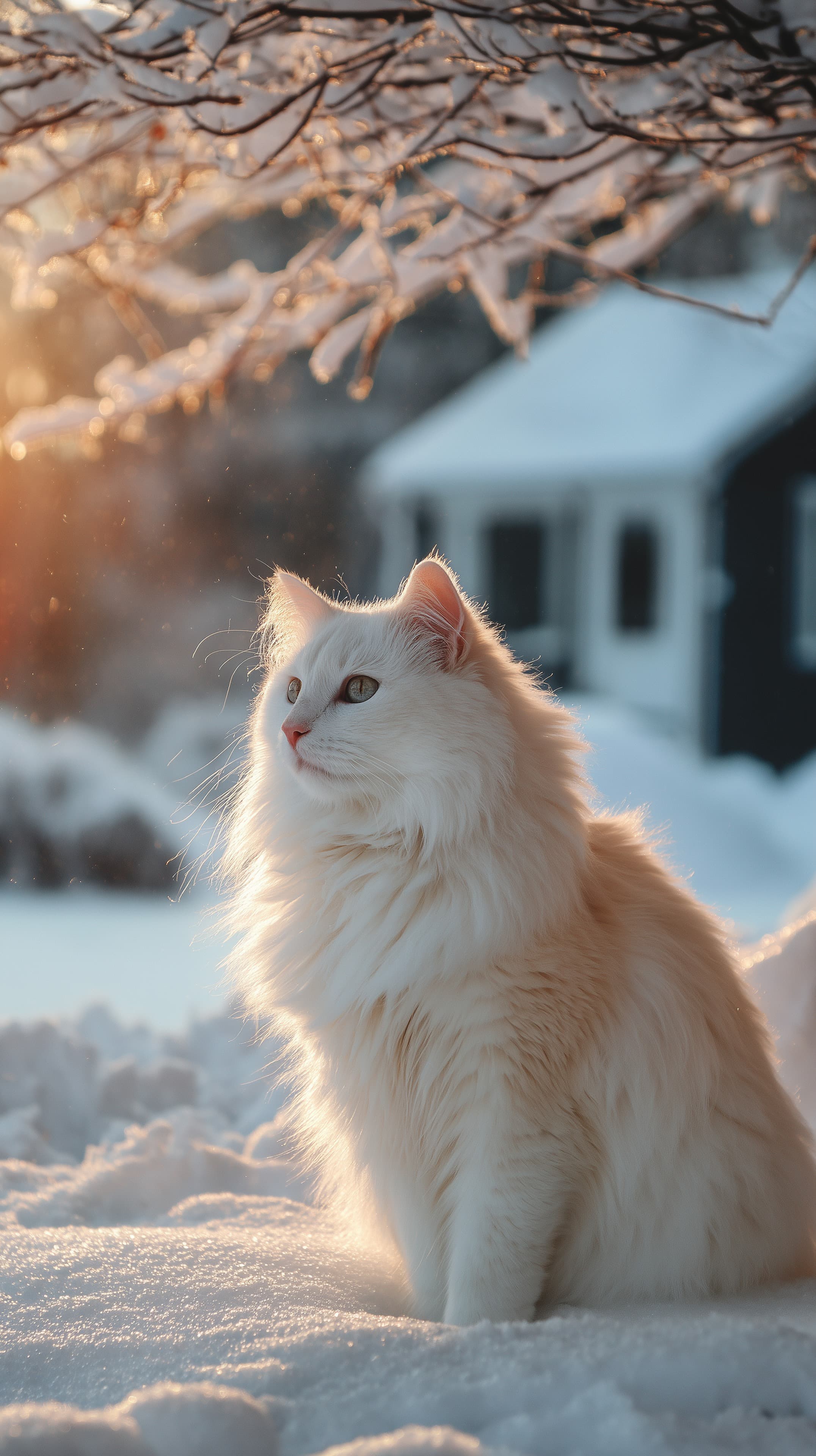 Snowlit fluffy cat in a warm sunrise glow on snowy ground - High Resolution bokeh Wallpaper for Mobile and Desktop