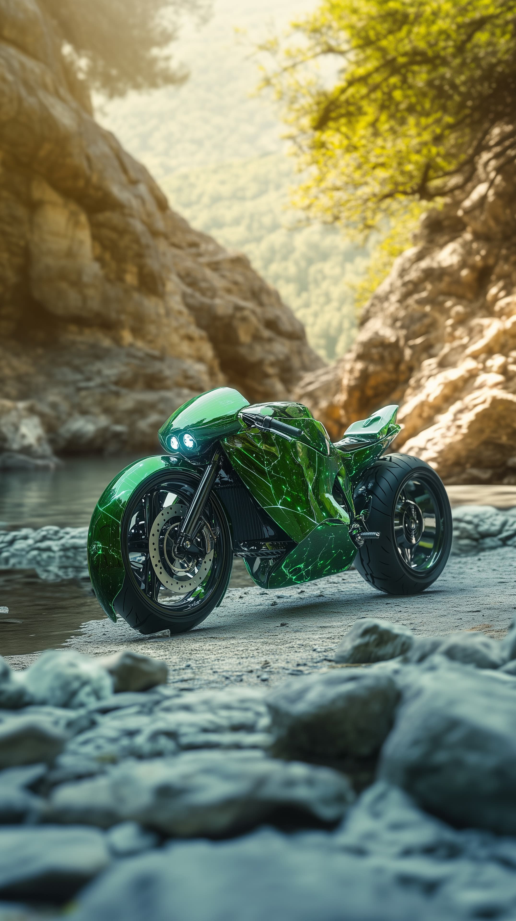 Sunlit Green Concept Motorcycle in Rocky Canyon Landscape - High Resolution green-bike Wallpaper for Mobile and Desktop