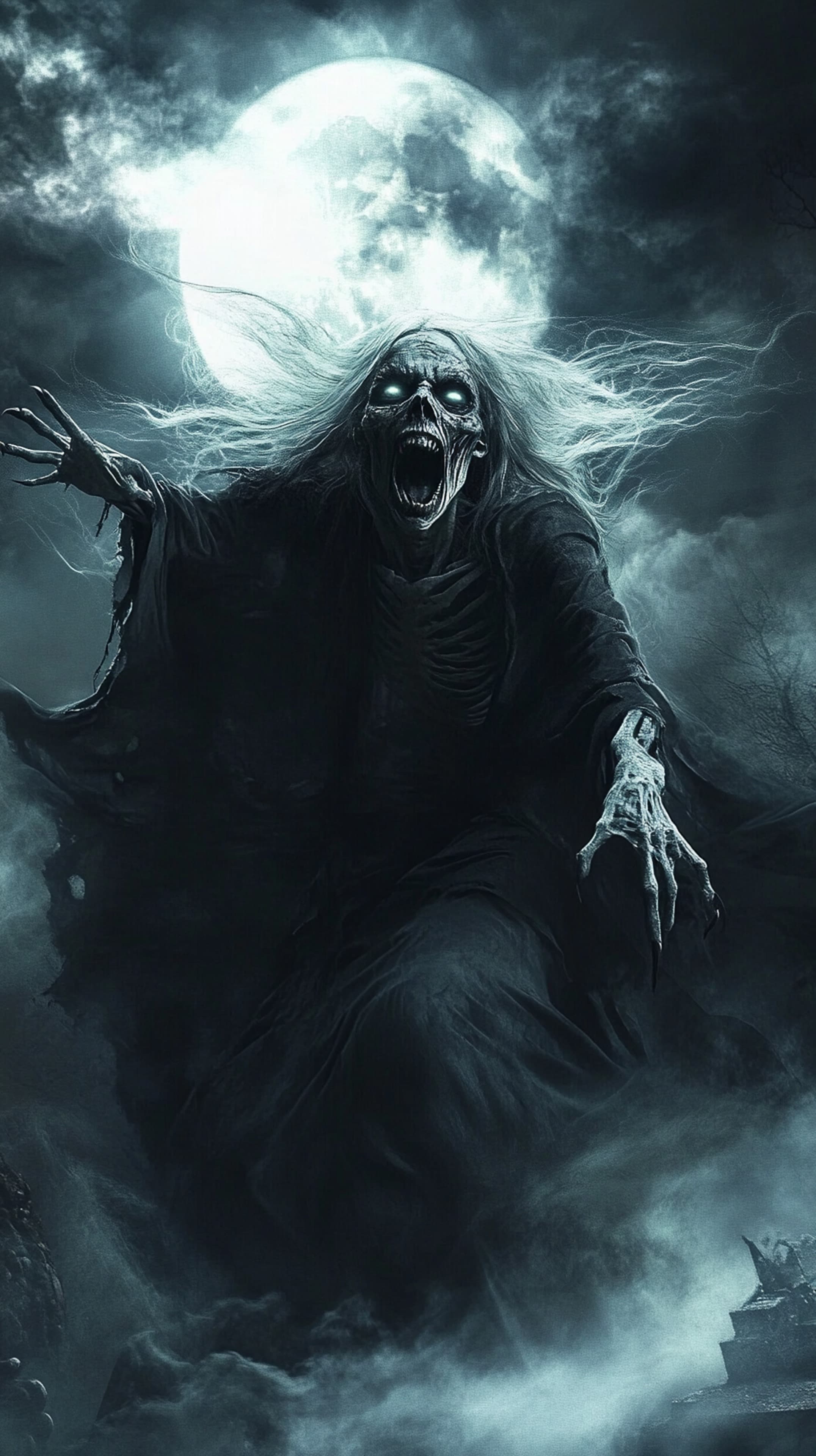 Moonlit Skeletal Wraith Wallpaper: Cold Mist Night Scene - High Resolution dark-fantasy-wallpaper Wallpaper for Mobile and Desktop