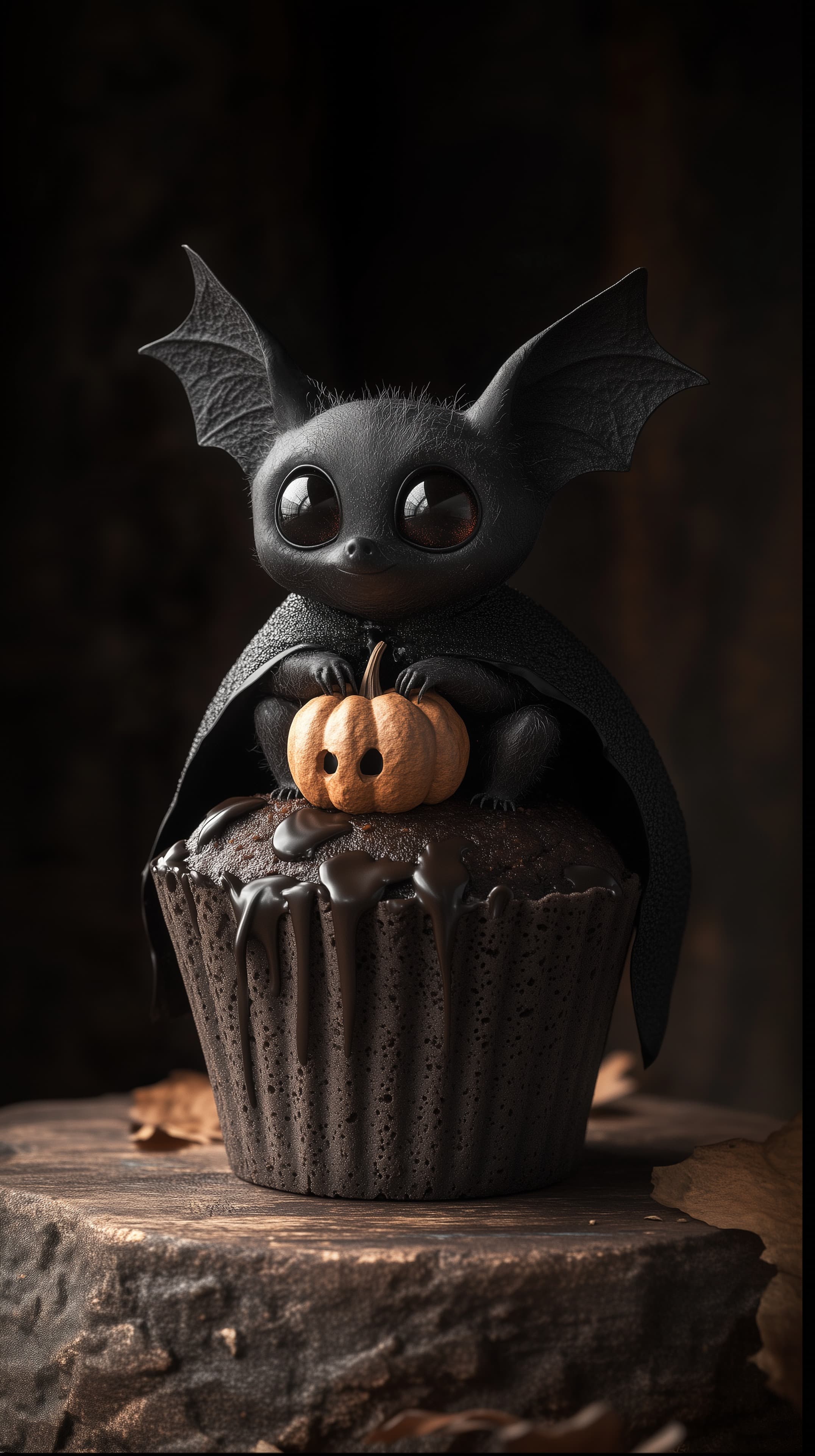 Whimsical Black Bat on Chocolate Cupcake – Halloween Art - High Resolution cute-bat Wallpaper for Mobile and Desktop
