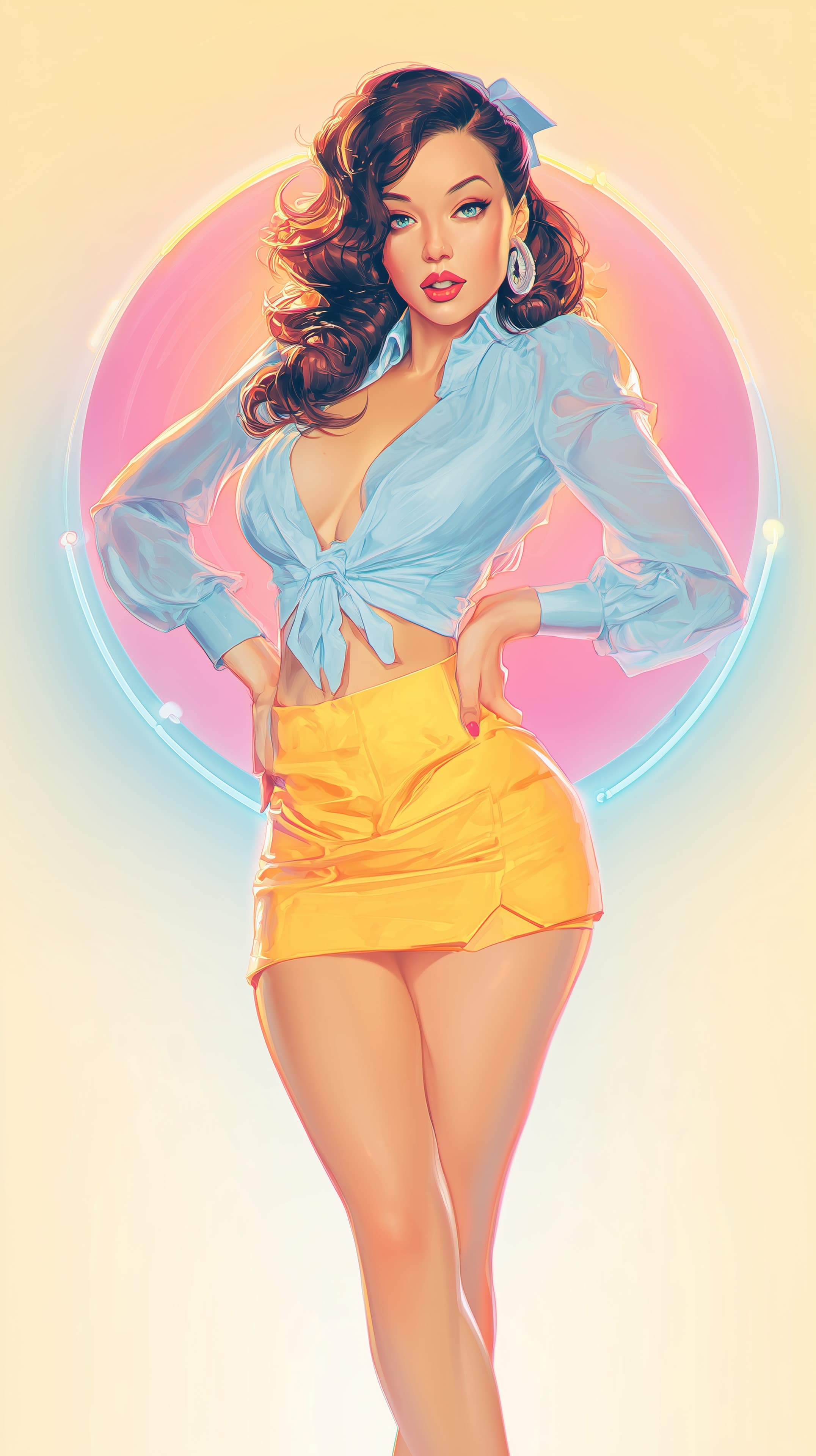 Vibrant retro pin-up girl with neon halo wallpaper - High Resolution digital-art Wallpaper for Mobile and Desktop