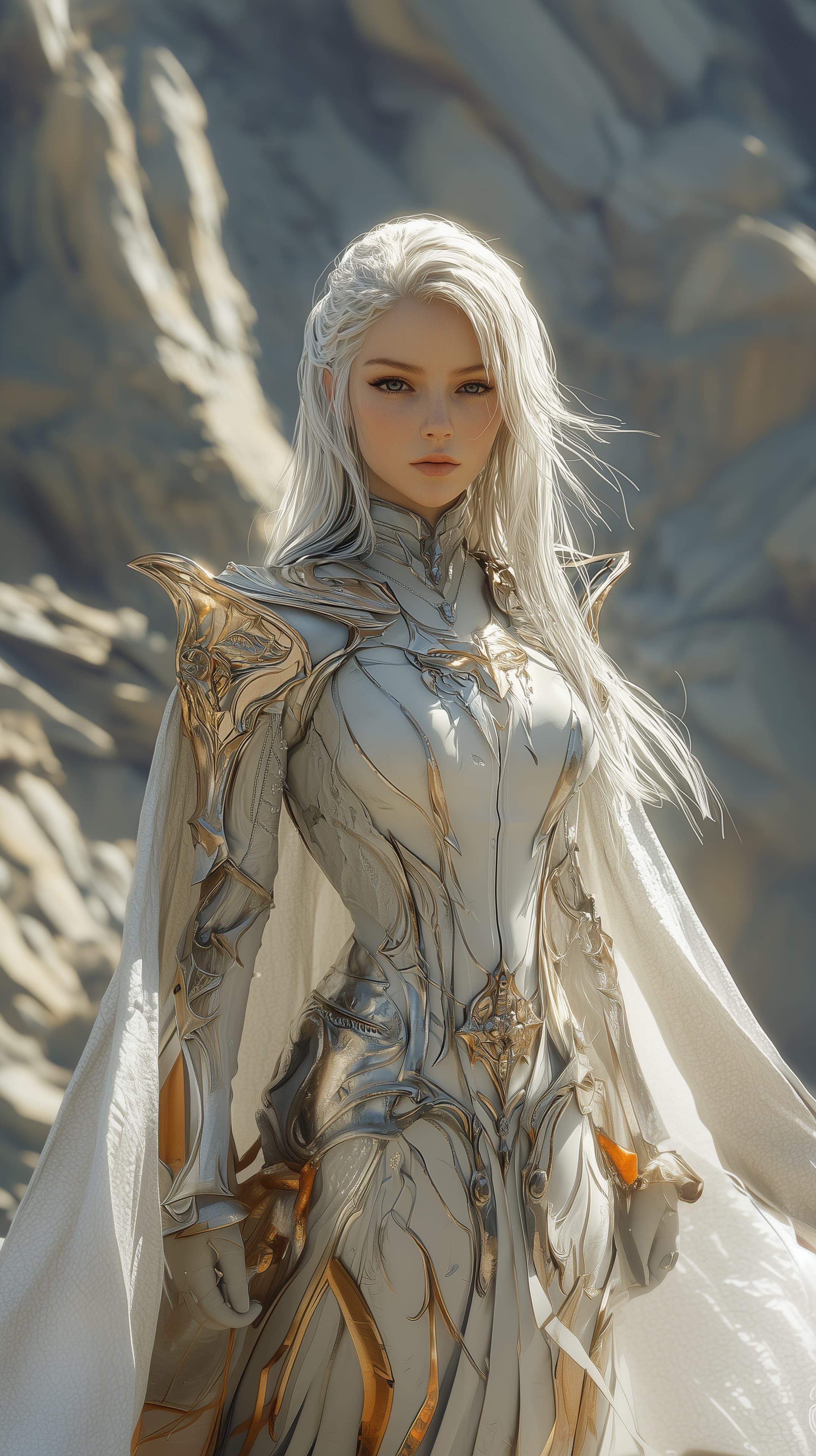 Radiant Fantasy Armored Heroine in Silver-Gold Armor - High Resolution armor Wallpaper for Mobile and Desktop
