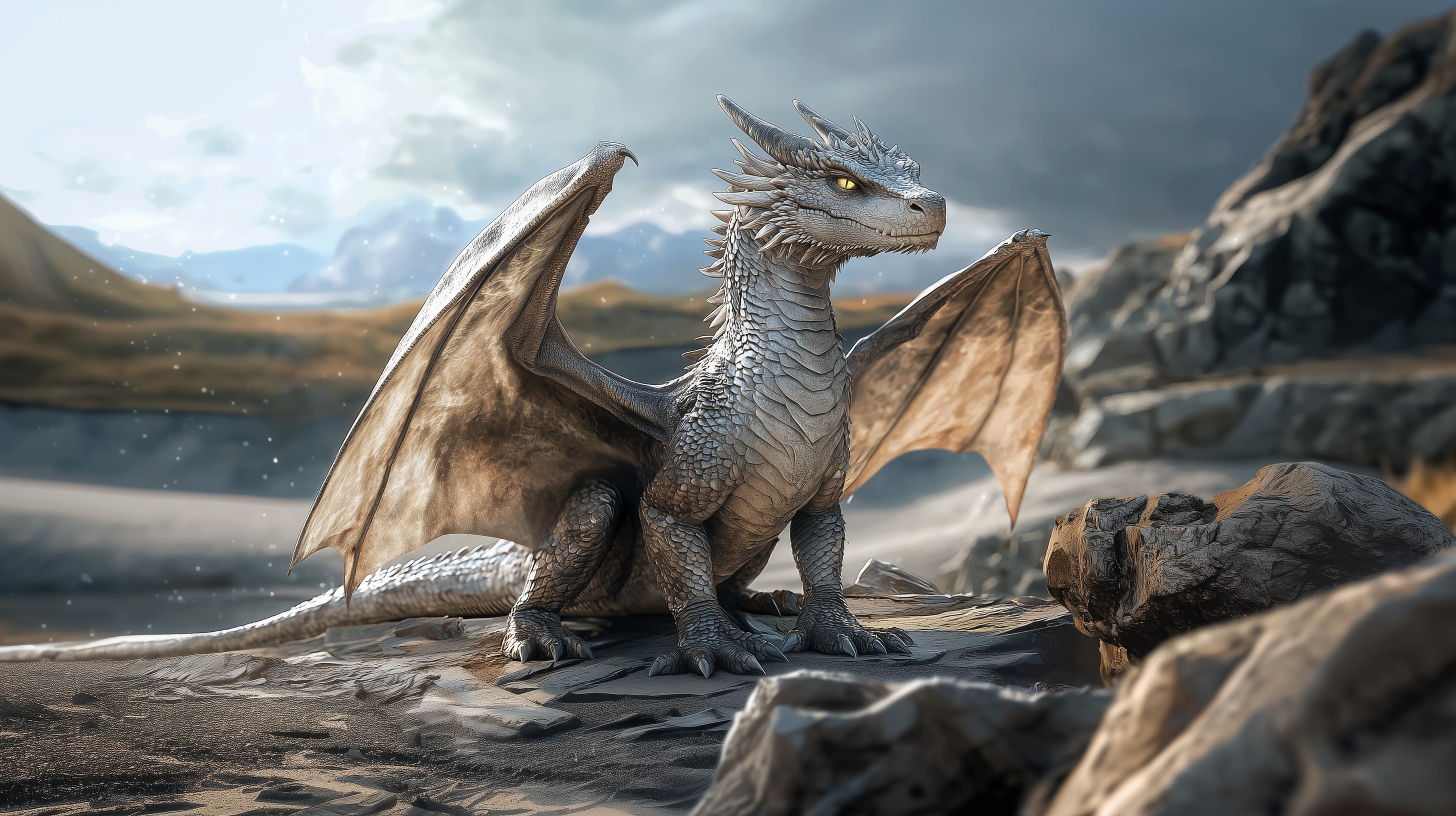 Majestic Fantasy Dragon on Rugged Coastline Wallpaper - High Resolution 3d-render Wallpaper for Mobile and Desktop