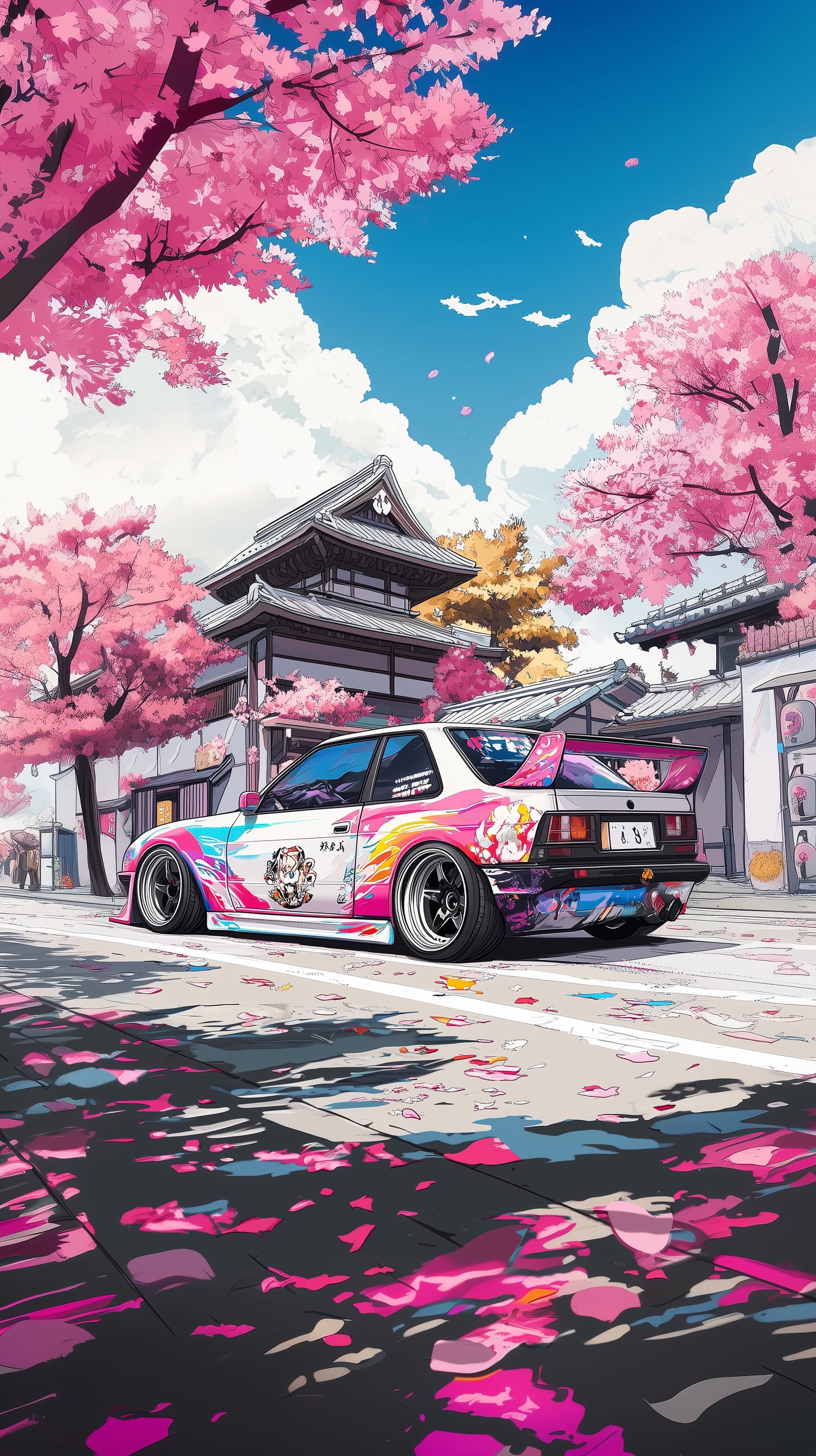 Vibrant Sakura Street Car Wallpaper in Anime Style Scene - High Resolution anime-car-art Wallpaper for Mobile and Desktop