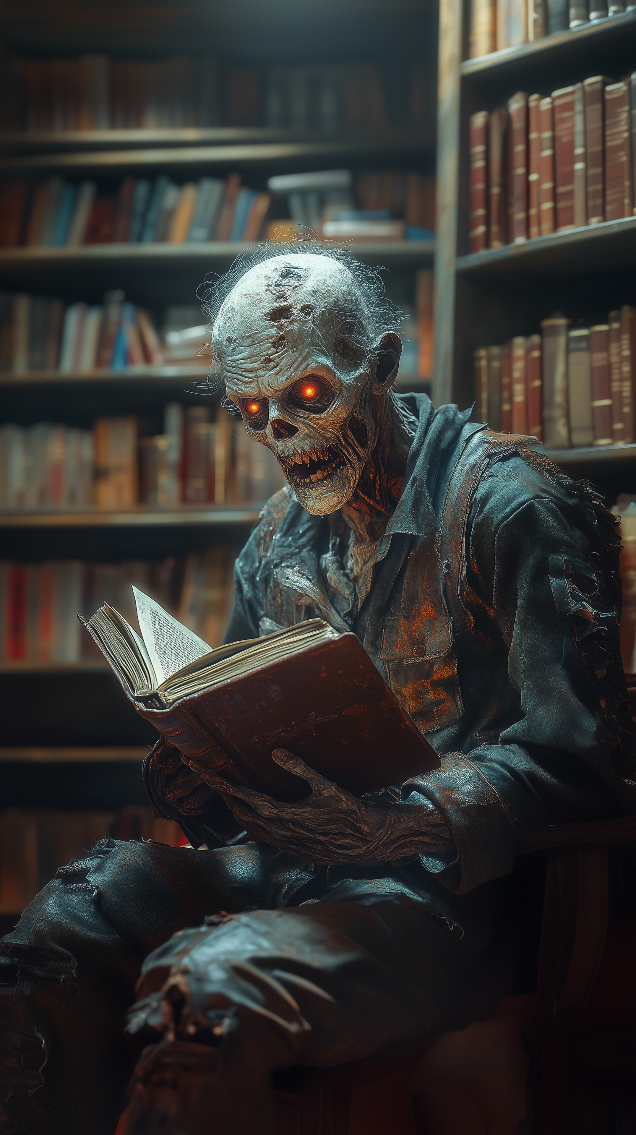 Creepy undead reader in a dim library — horror wallpaper - High Resolution book Wallpaper for Mobile and Desktop