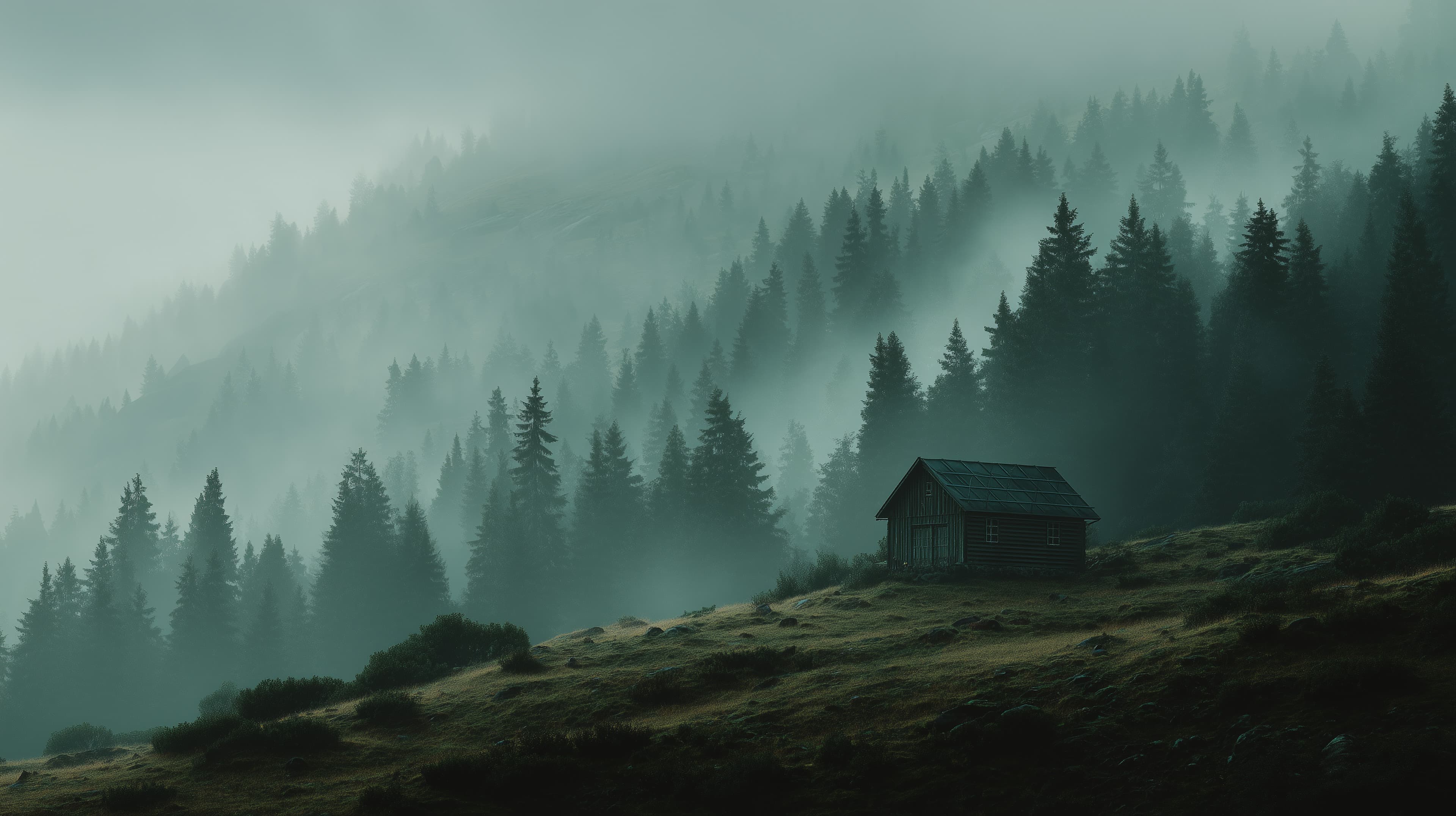 Misty Forest Cabin in Evening Fog - Serene Landscape Wallpaper - High Resolution cabin Wallpaper for Mobile and Desktop