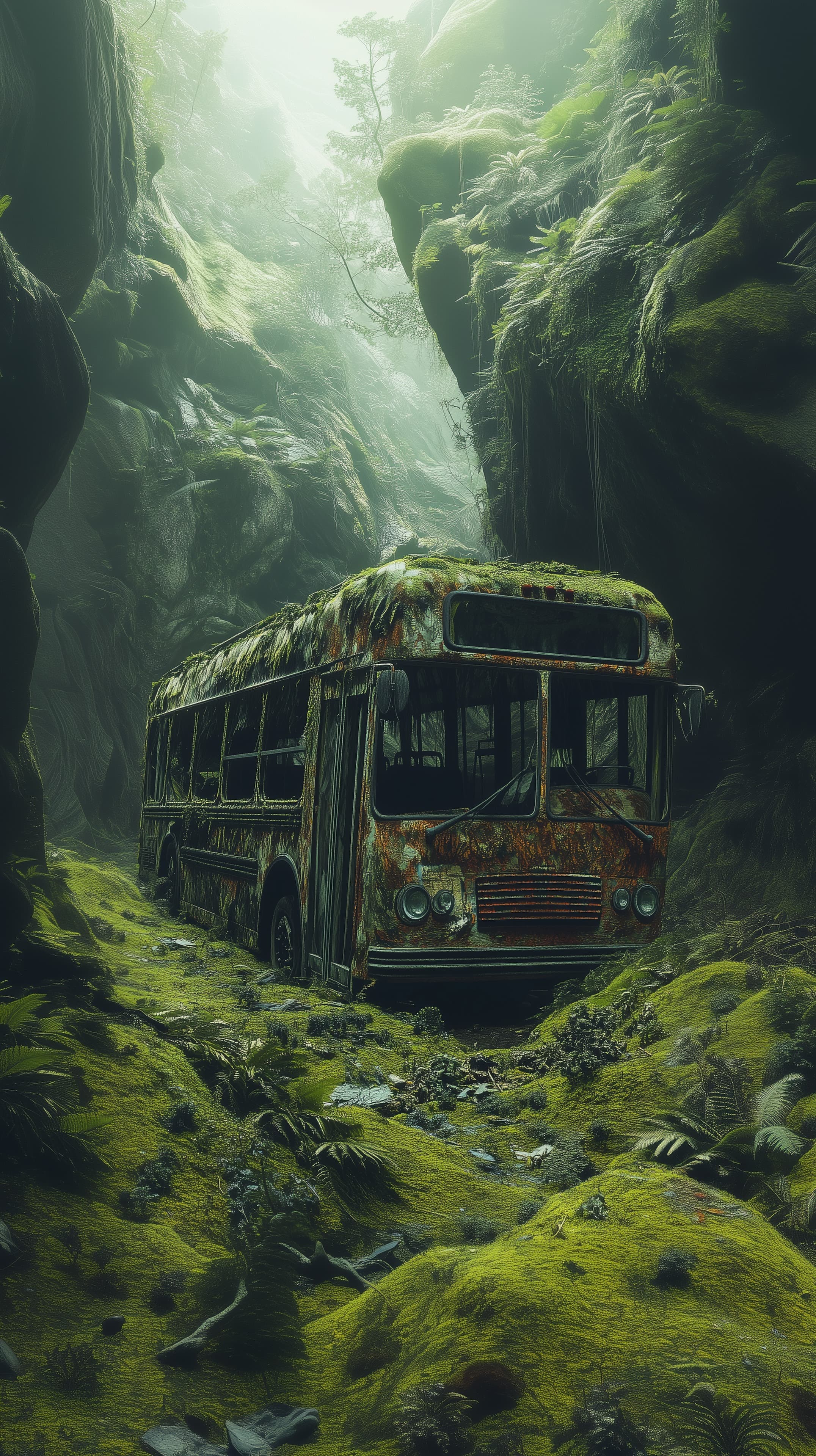 Mossy Jungle Bus in Misty Canyon - Abandoned Vehicle Scene - High Resolution abandoned Wallpaper for Mobile and Desktop