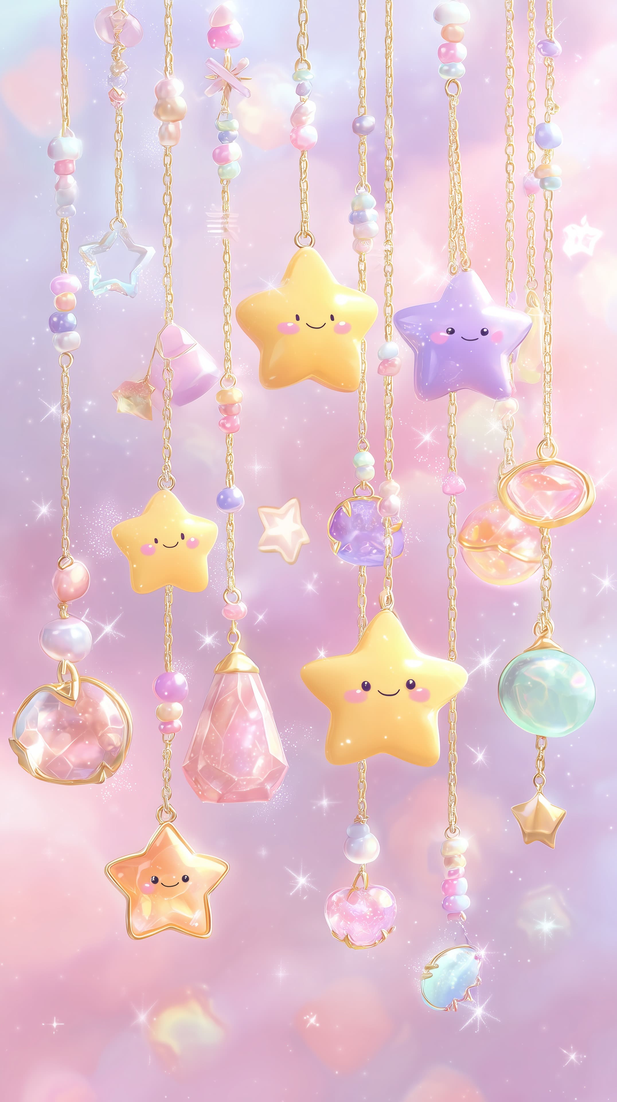Pastel Kawaii Star Bead Hanging Wallpaper with Dreamy Glow - High Resolution bead-art Wallpaper for Mobile and Desktop