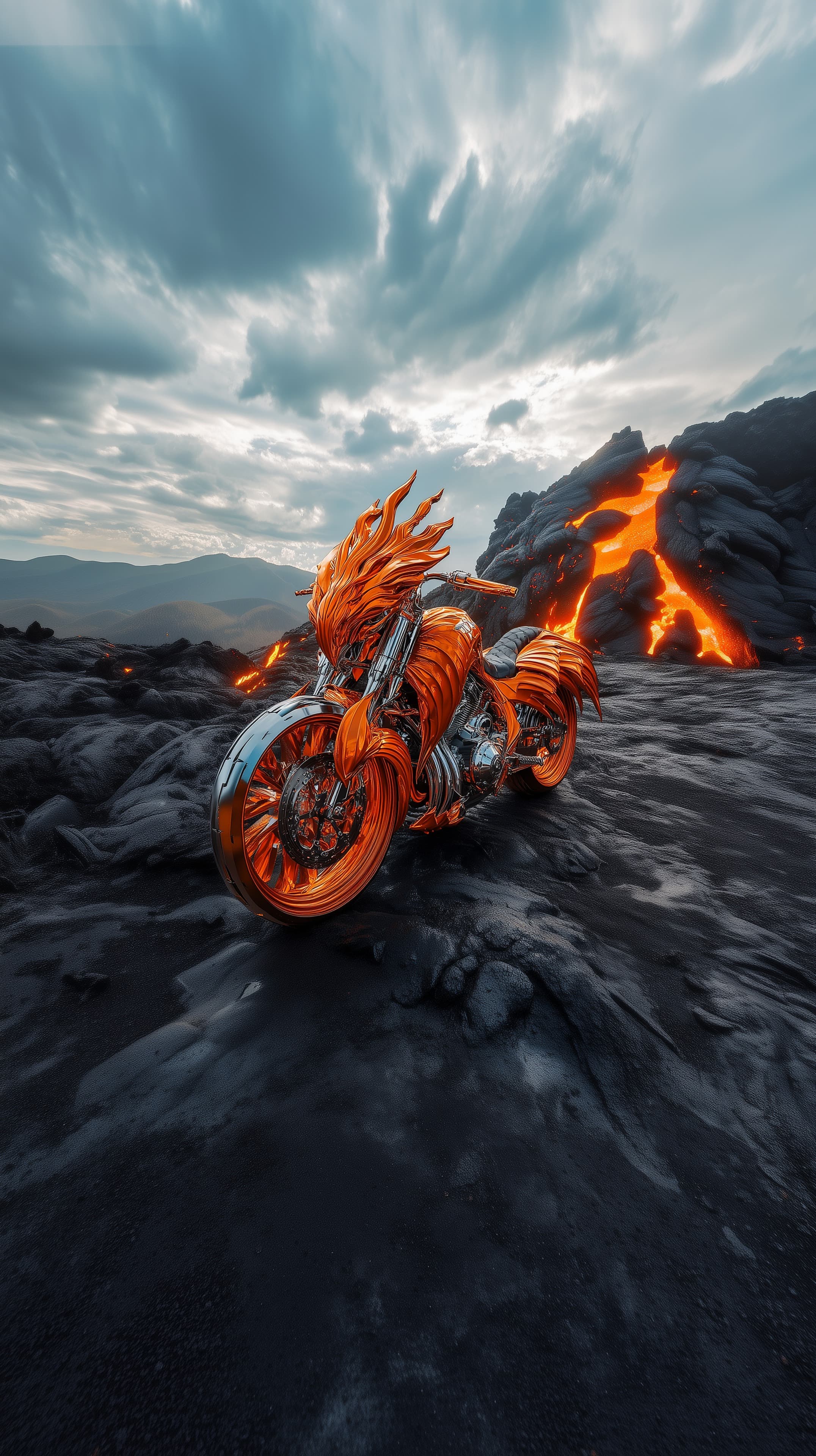 Fiery Flame-Style Motorcycle Amid Volcanic Lava Landscape - High Resolution digital-artwork Wallpaper for Mobile and Desktop