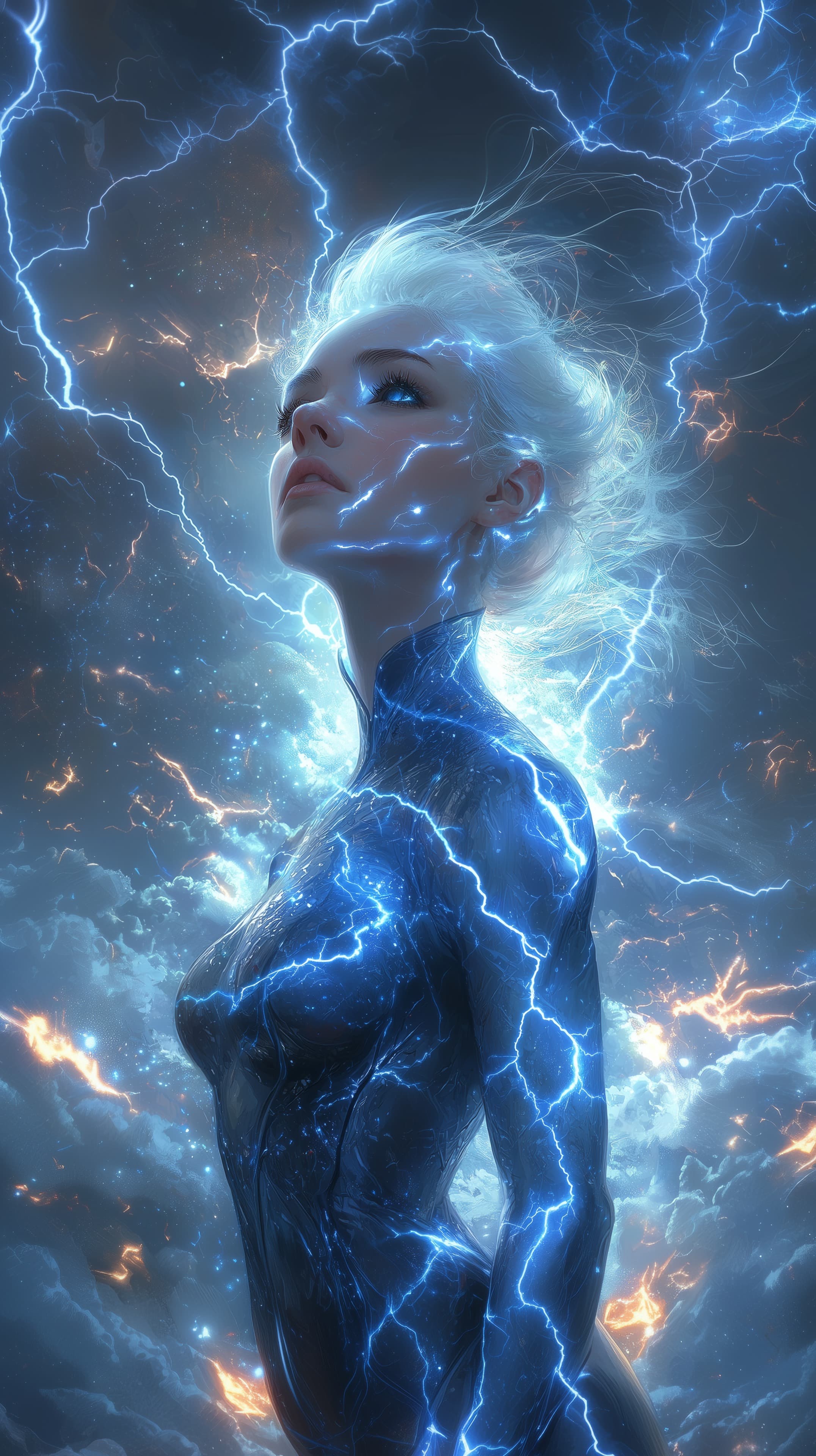 Electric Storm Maiden: Neon Lightning Portrait Wallpaper - High Resolution blue-energy Wallpaper for Mobile and Desktop